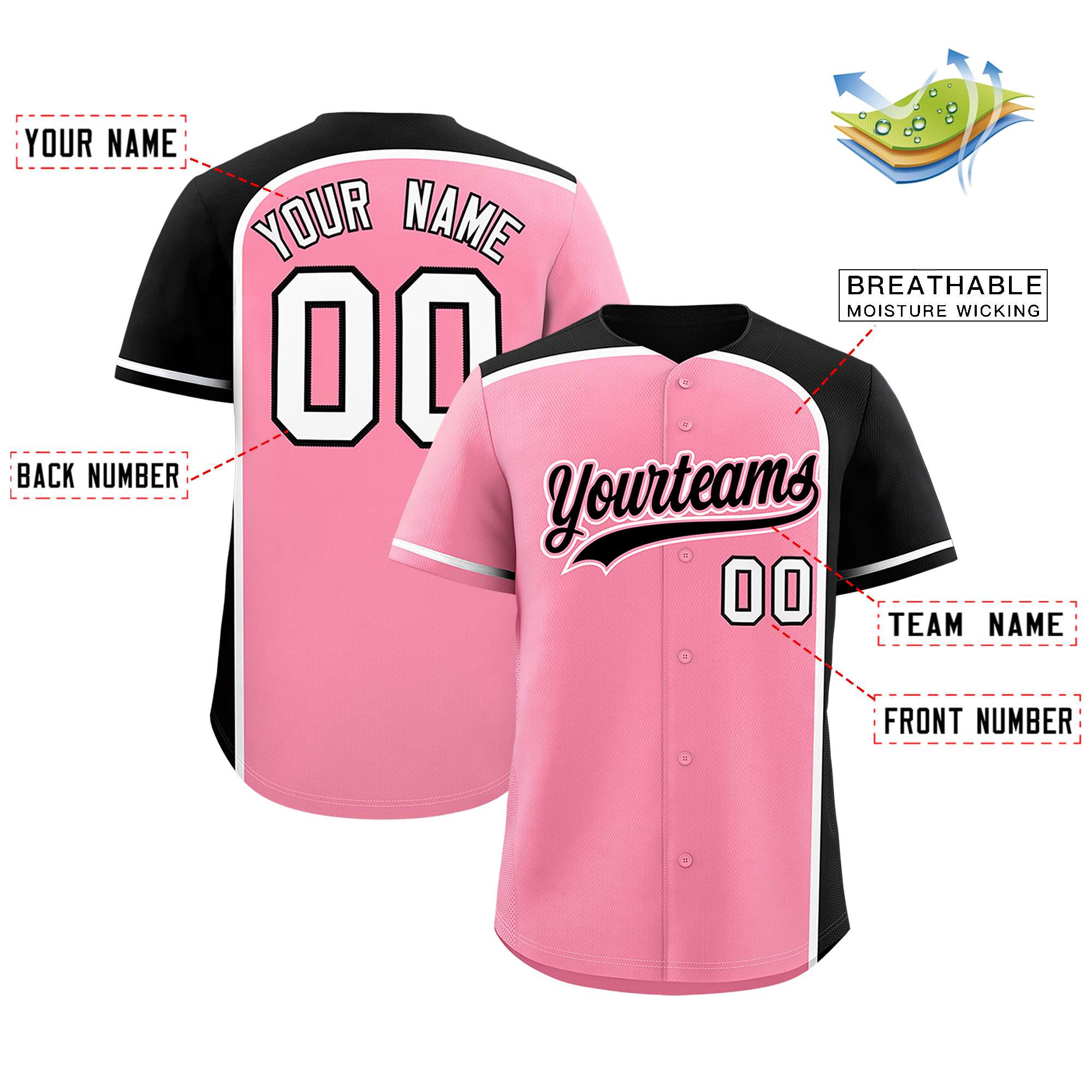 Custom Light Pink Black Personalized Color Block Authentic Baseball jersey