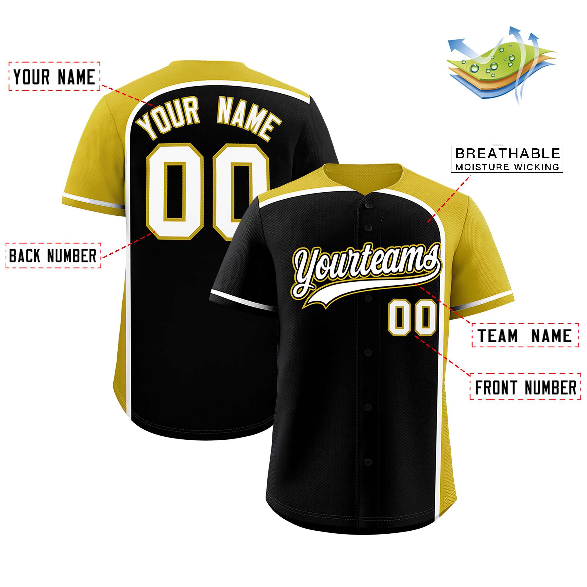 Custom Black Old Gold Personalized Color Block Authentic Baseball jersey