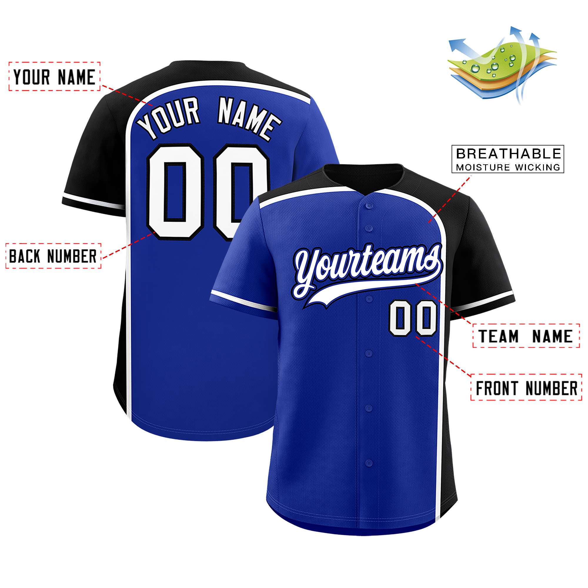 Custom Royal Black Personalized Color Block Authentic Baseball jersey