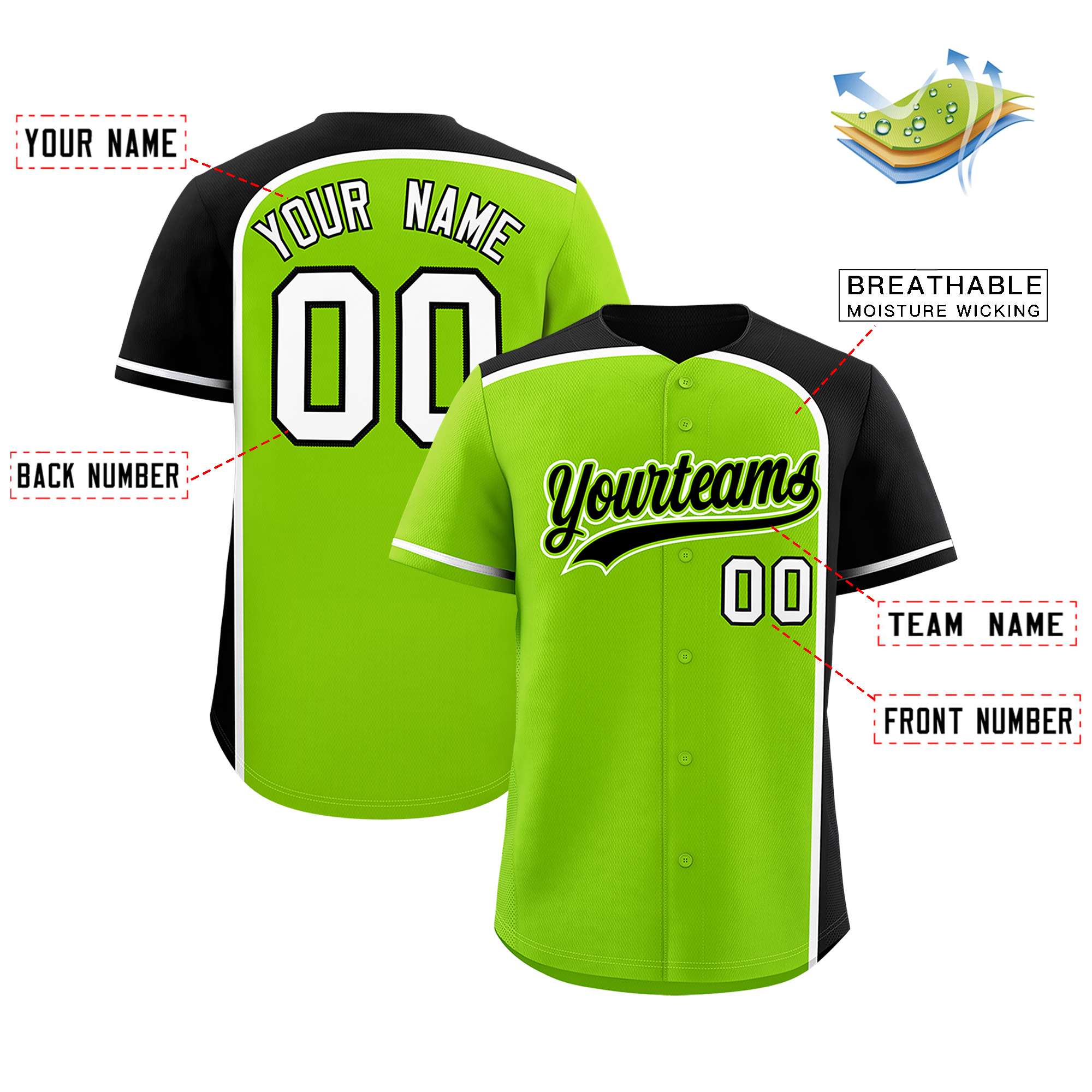 Custom Neon Green Black Personalized Color Block Authentic Baseball jersey