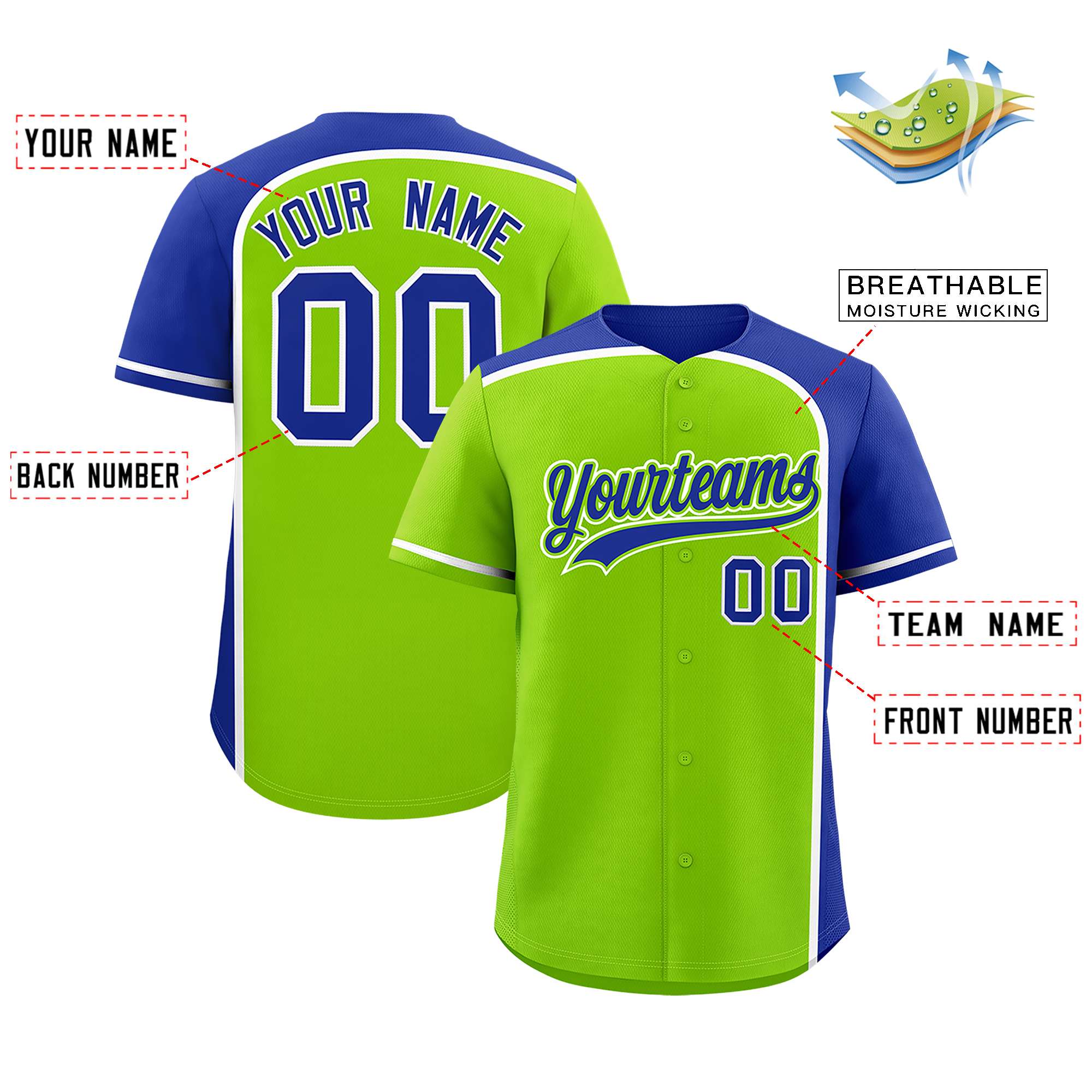 Custom Neon Green Royal Personalized Color Block Authentic Baseball jersey