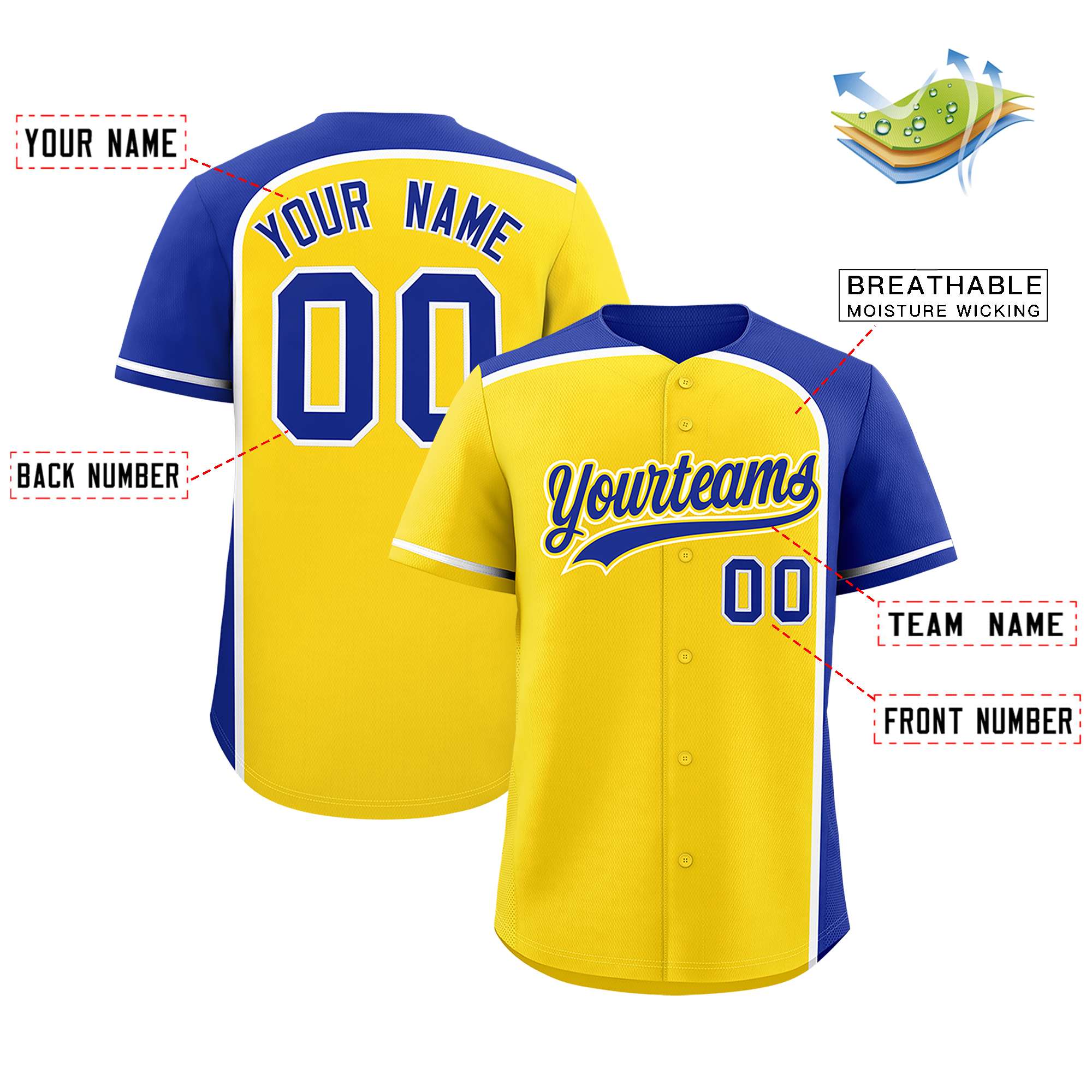 Custom Gold Royal Personalized Color Block Authentic Baseball jersey