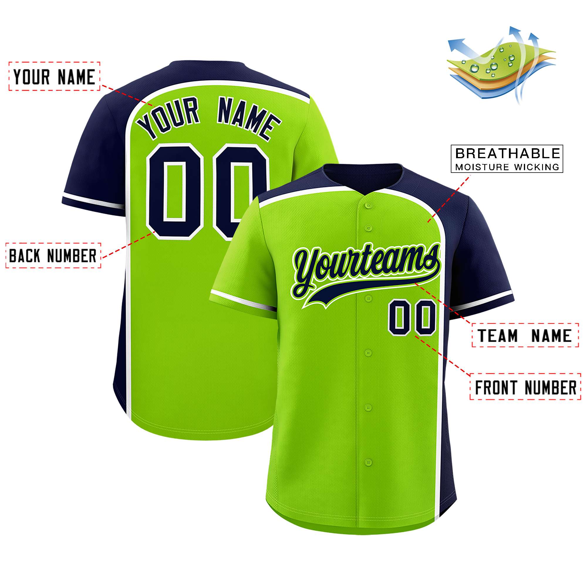 Custom Neon Green Navy Personalized Color Block Authentic Baseball jersey