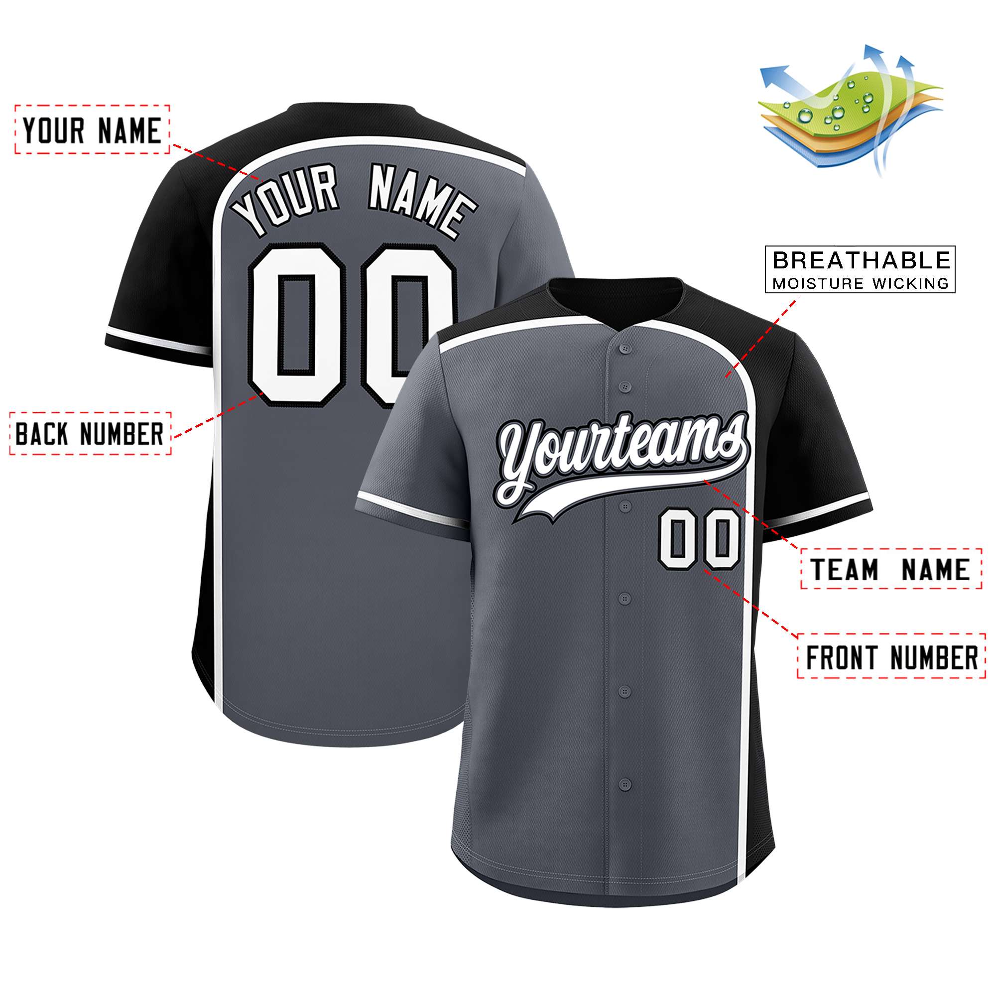 Custom Gray Black Personalized Color Block Authentic Baseball jersey