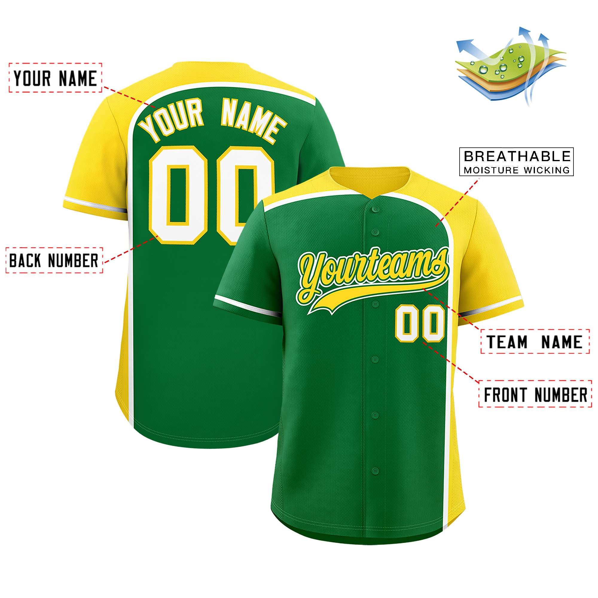 Custom Kelly Green Gold Personalized Color Block Authentic Baseball jersey