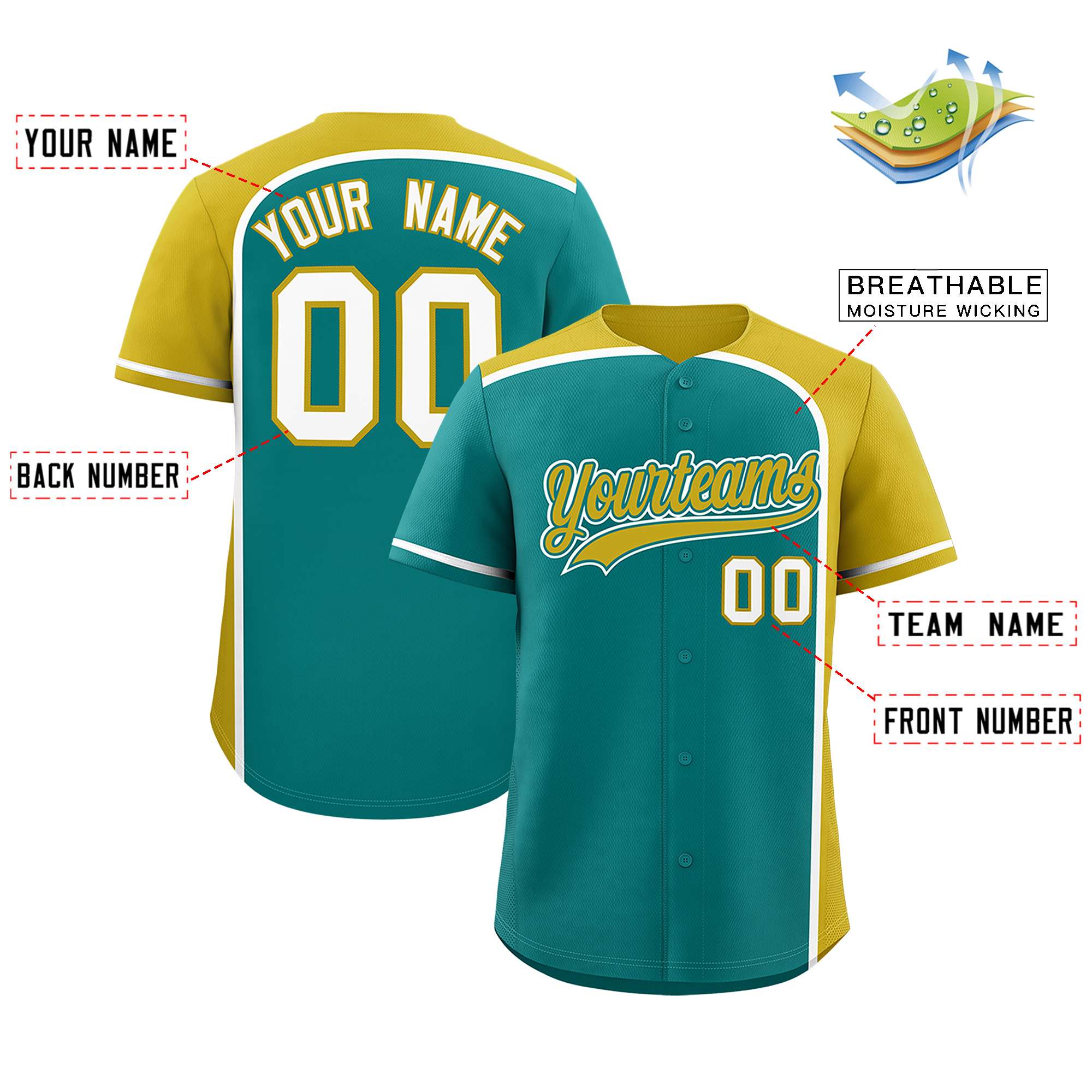 Custom Aqua Old Gold Personalized Color Block Authentic Baseball jersey