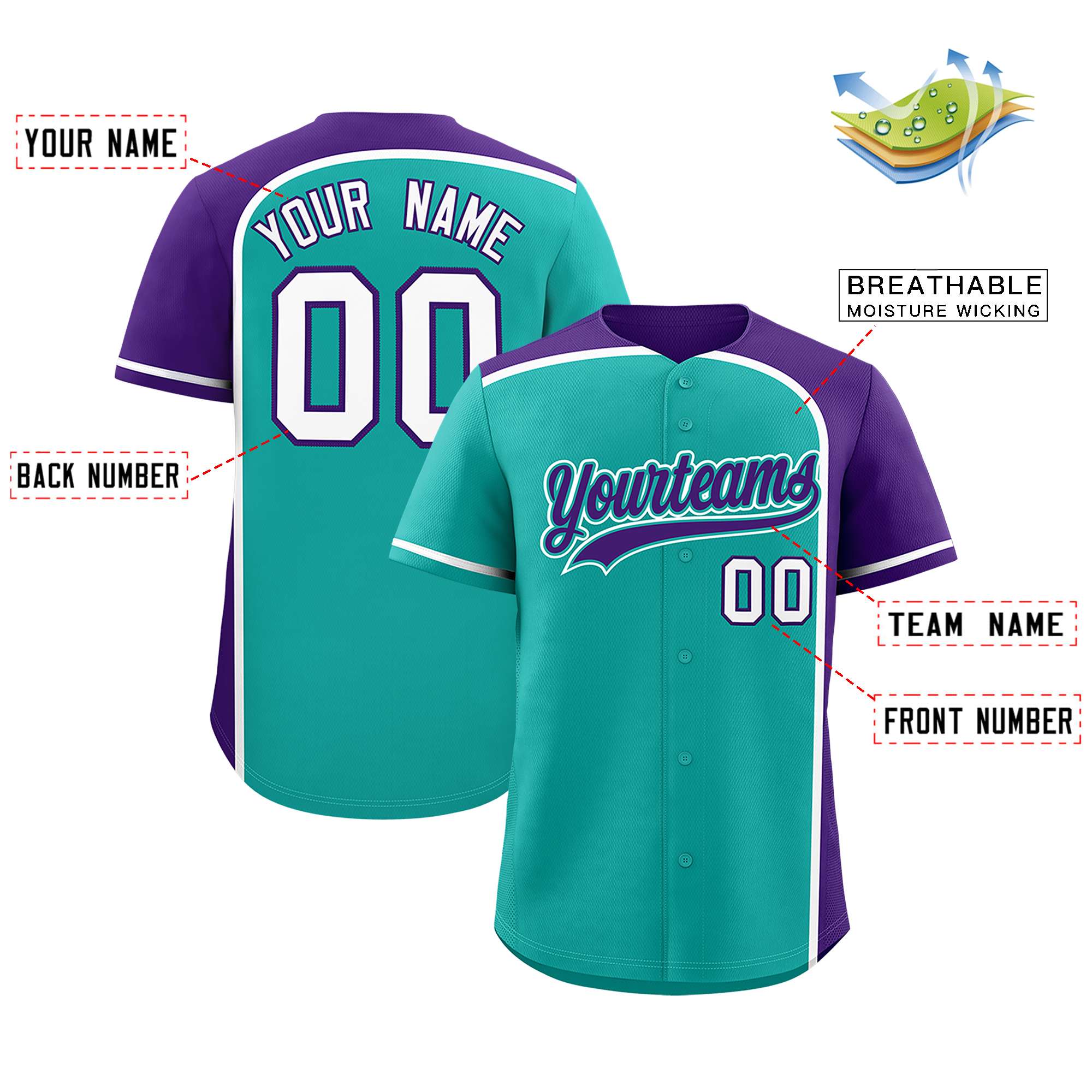 Custom Aqua Purple Personalized Color Block Authentic Baseball jersey