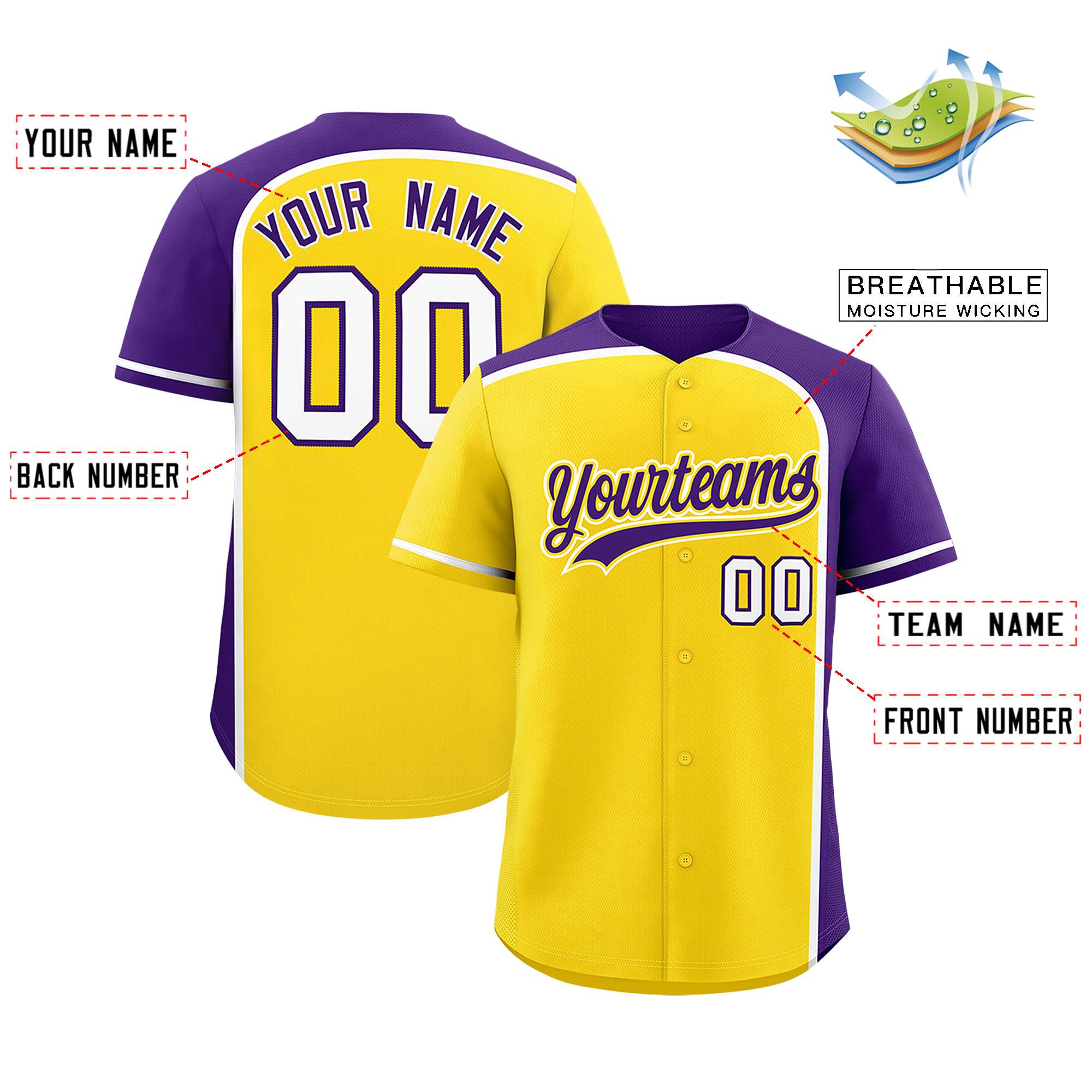 Custom Gold Purple Personalized Color Block Authentic Baseball jersey