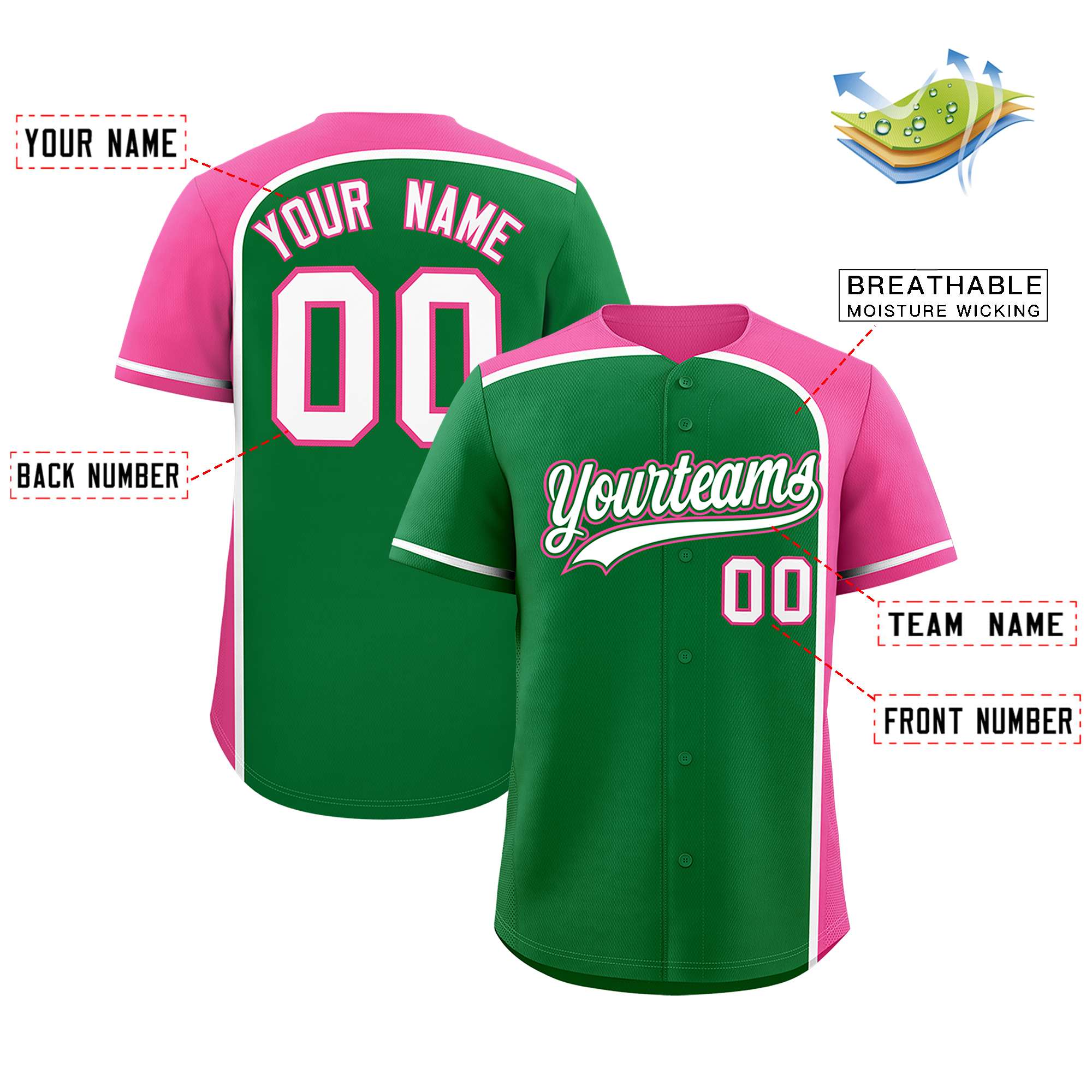 Custom Kelly Green Pink Personalized Color Block Authentic Baseball jersey