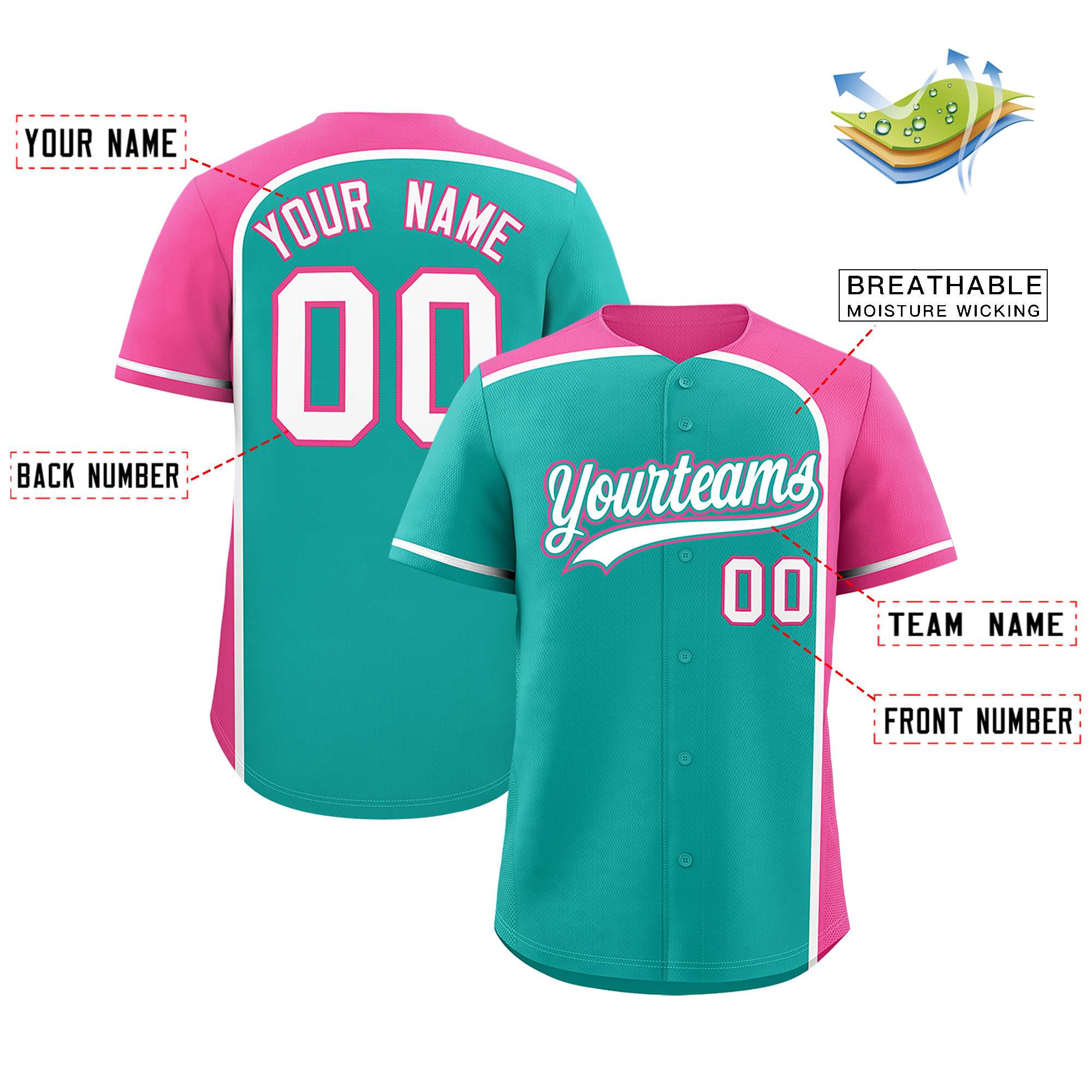 Custom Aqua Pink Personalized Color Block Authentic Baseball jersey