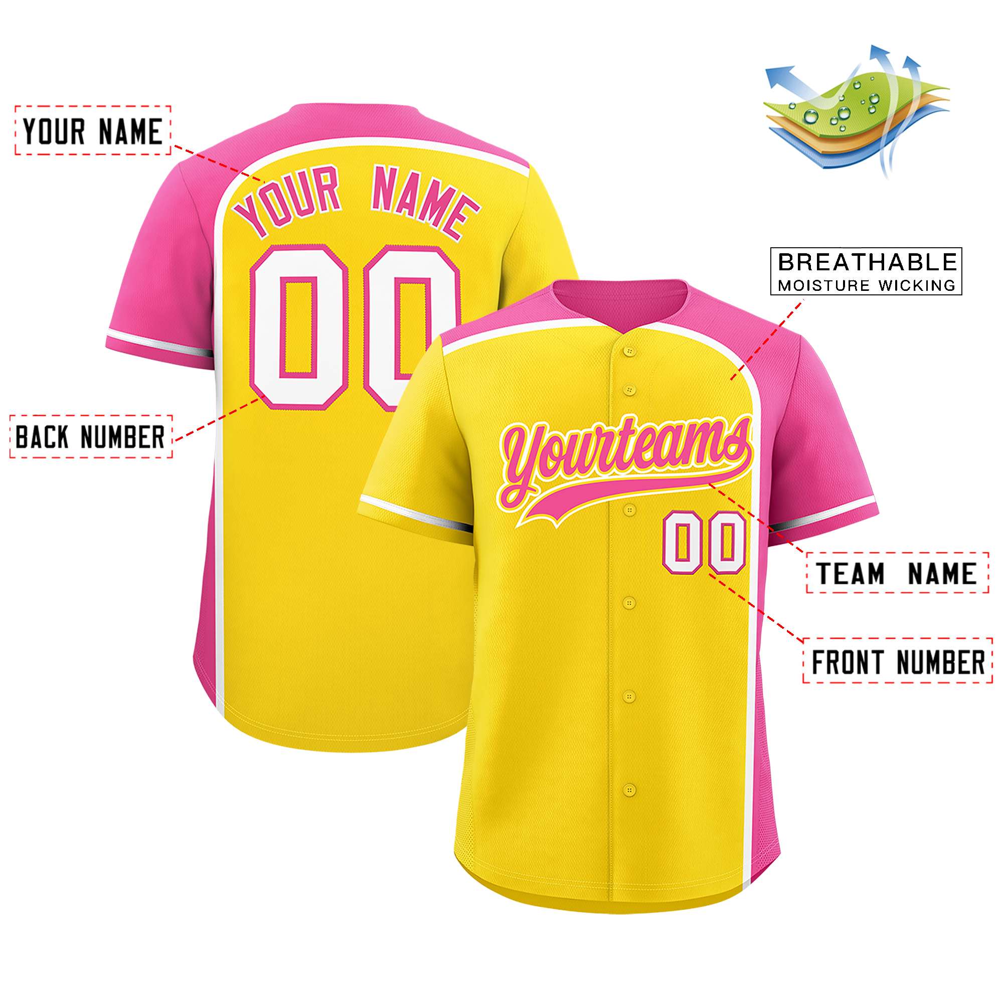 Custom Gold Pink Personalized Color Block Authentic Baseball jersey