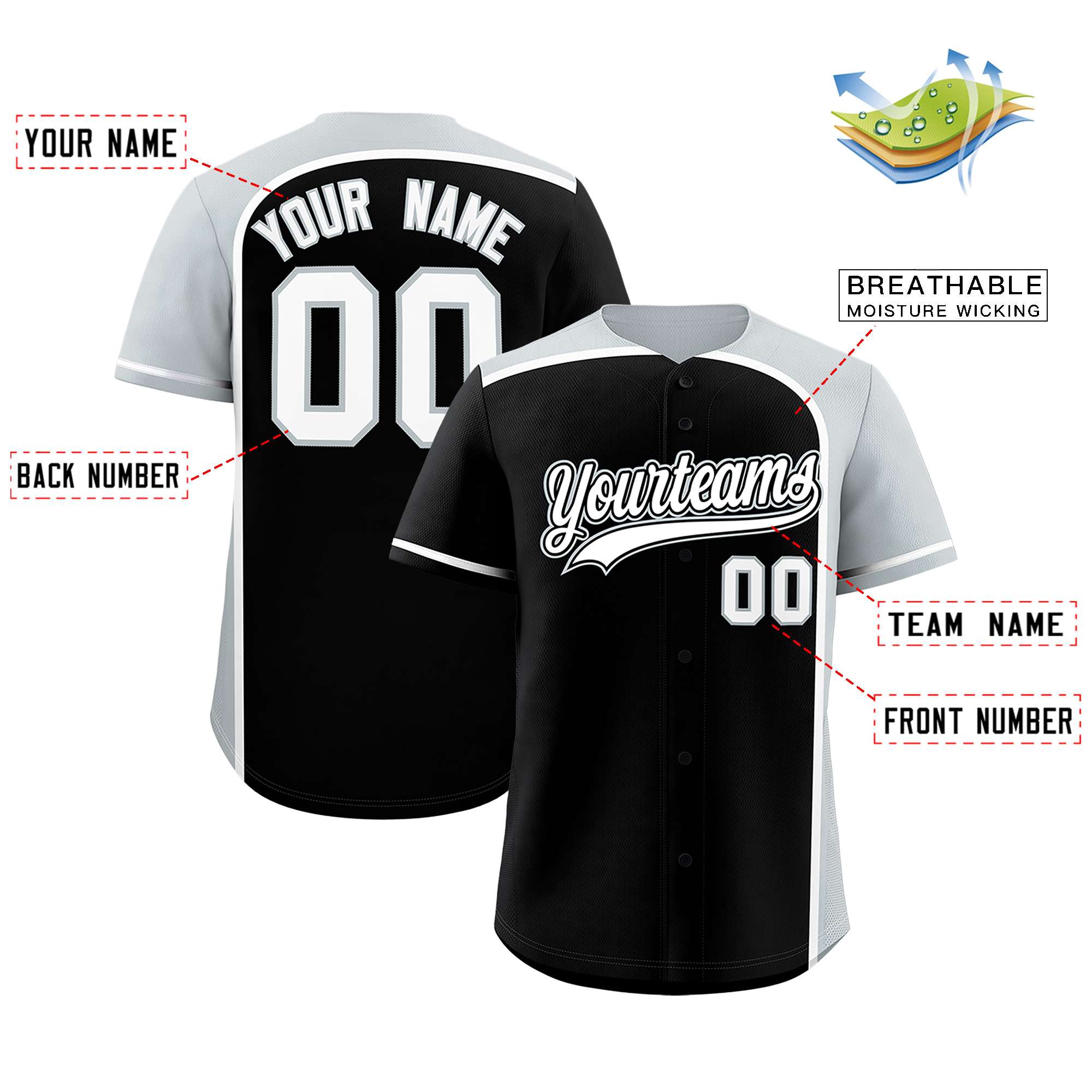 Custom Black Silver Personalized Color Block Authentic Baseball jersey