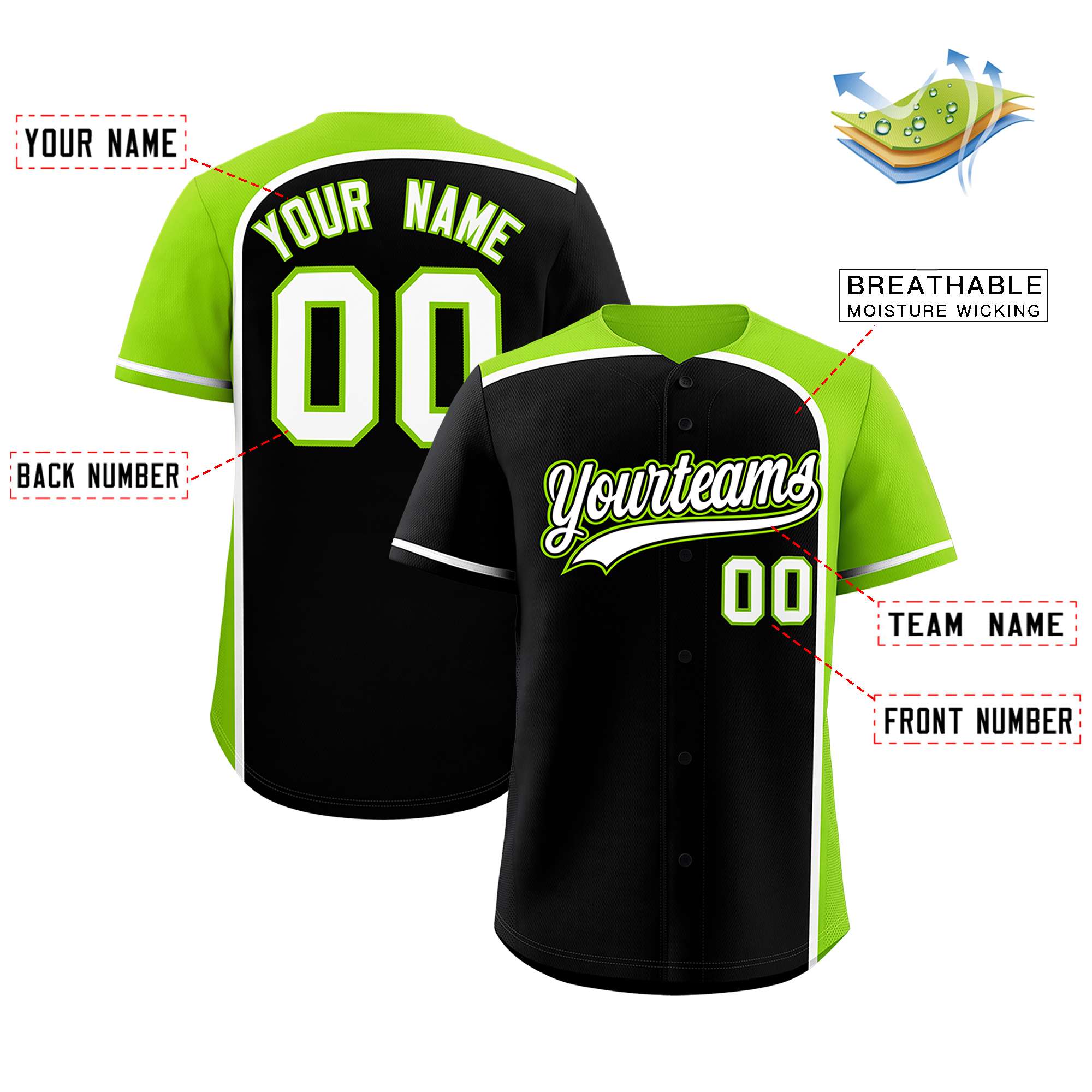 Custom Black Neon Green Personalized Color Block Authentic Baseball jersey