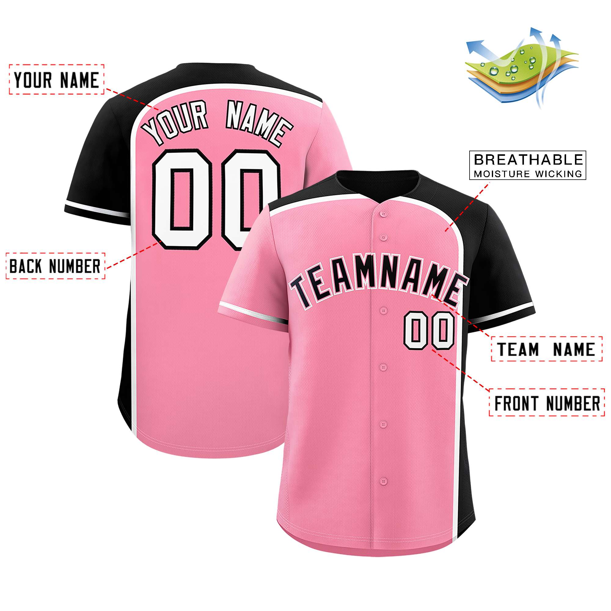 Custom Light Pink Black Personalized Color Block Authentic Baseball jersey