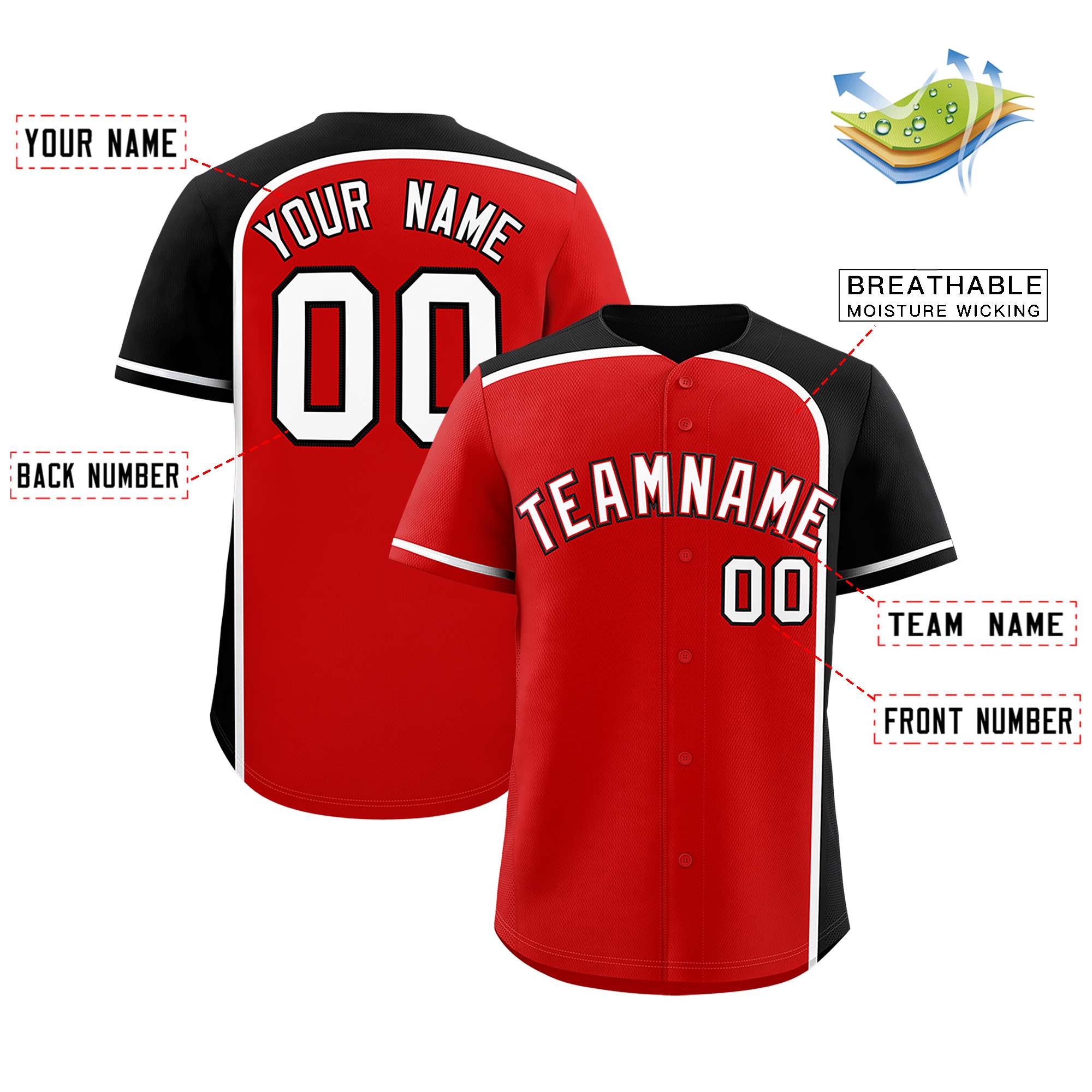 Custom Red Black Personalized Color Block Authentic Baseball jersey