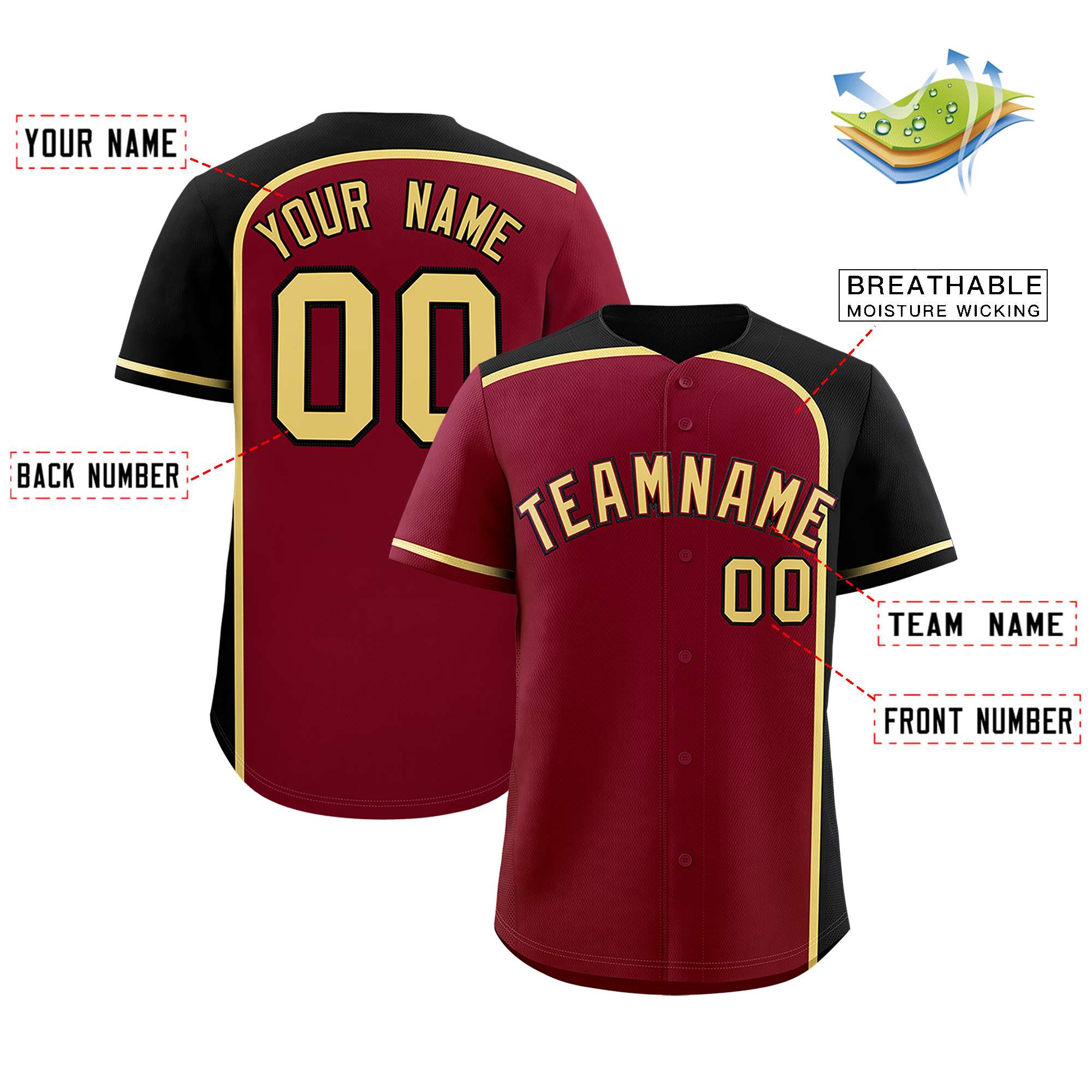 Custom Crimson Black Personalized Color Block Authentic Baseball jersey