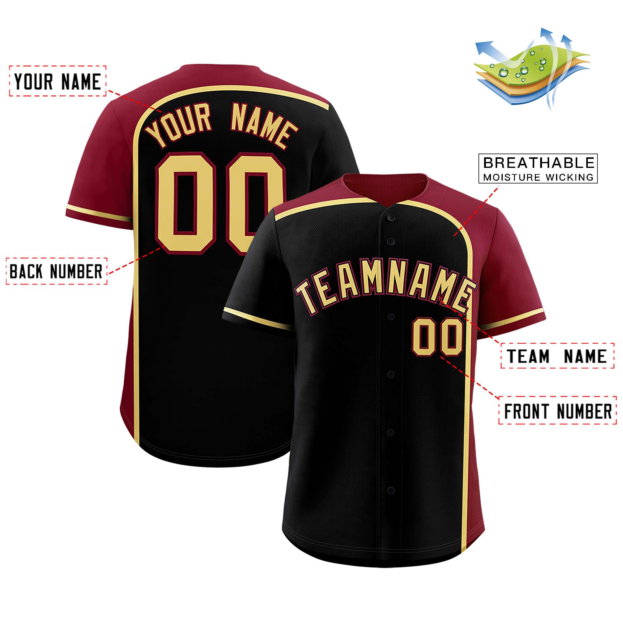 Custom Black Crimson Personalized Color Block Authentic Baseball jersey