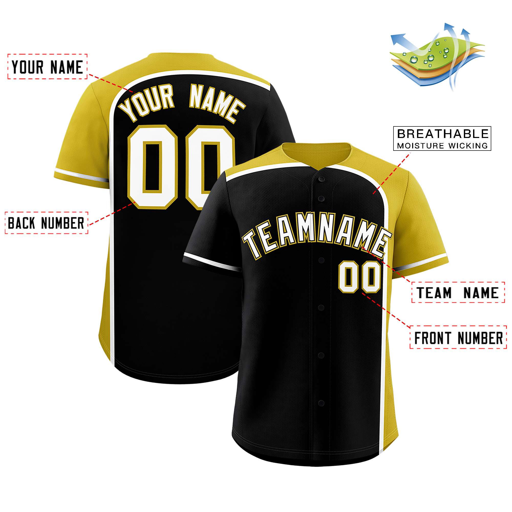 Custom Black Old Gold Personalized Color Block Authentic Baseball jersey