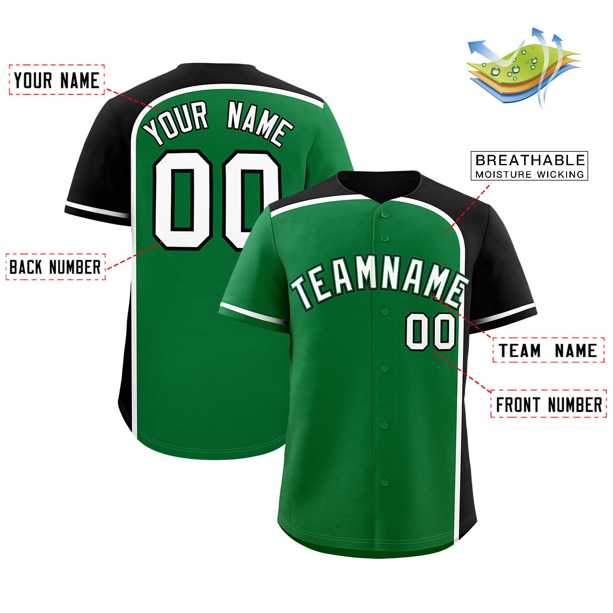 Custom Kelly Green Black Personalized Color Block Authentic Baseball jersey