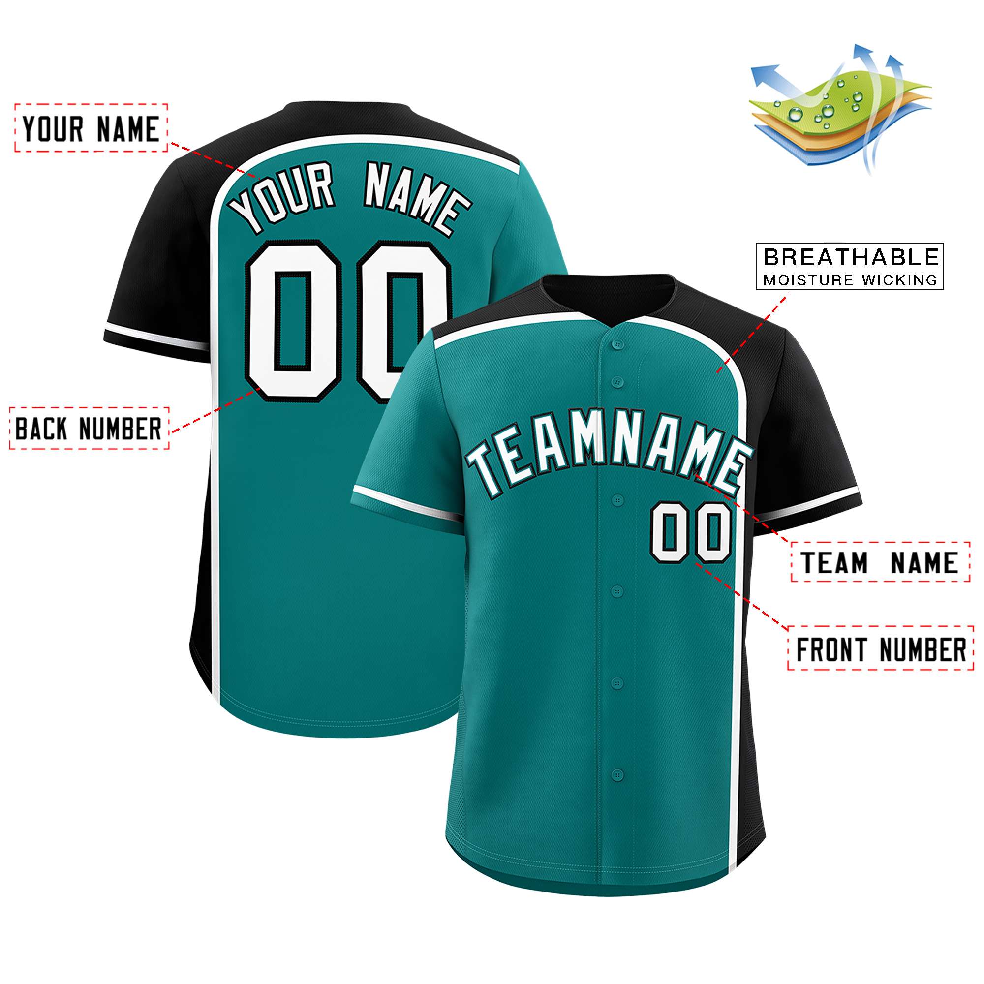 Custom Aqua Black Personalized Color Block Authentic Baseball jersey