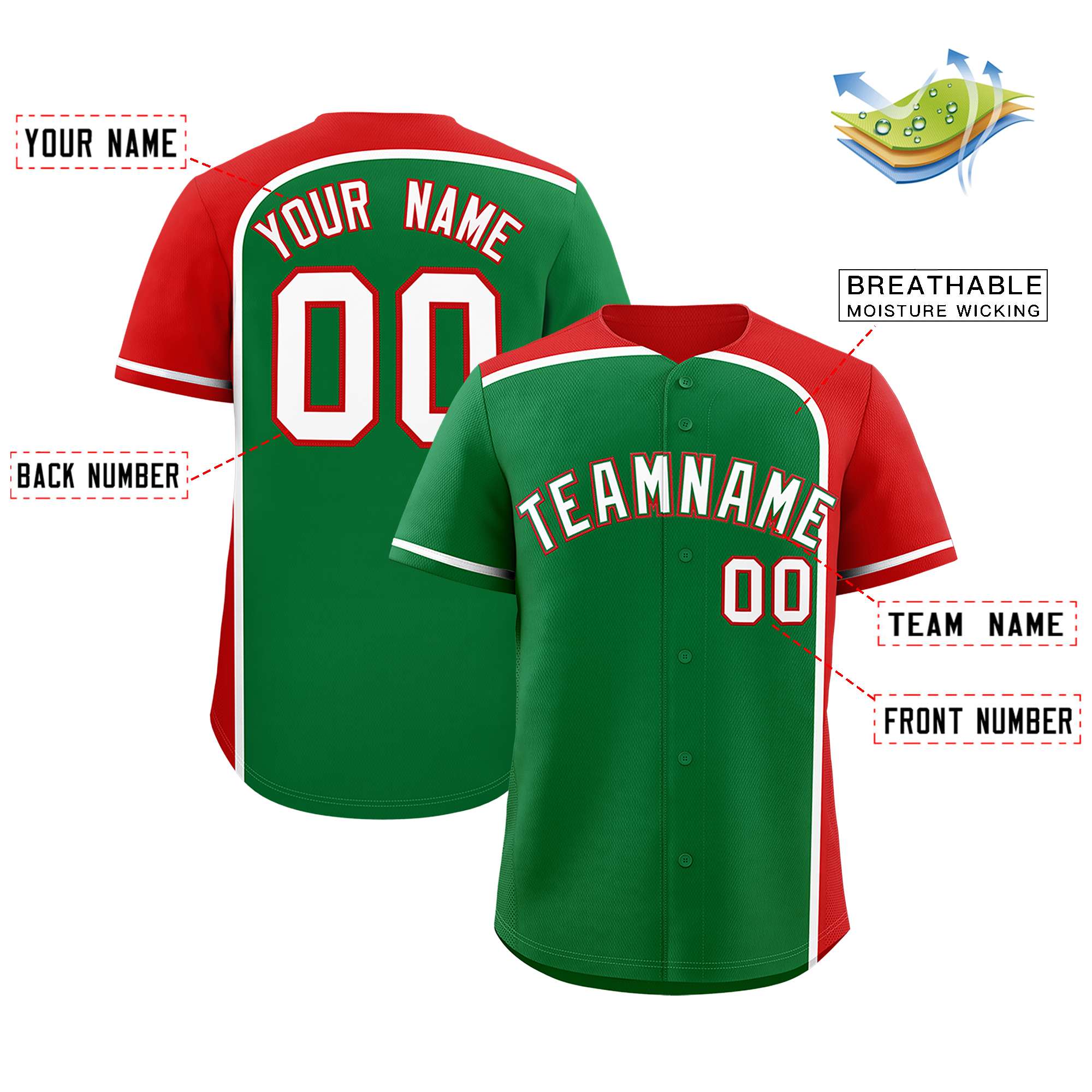 Custom Kelly Green Red Personalized Color Block Authentic Baseball jersey