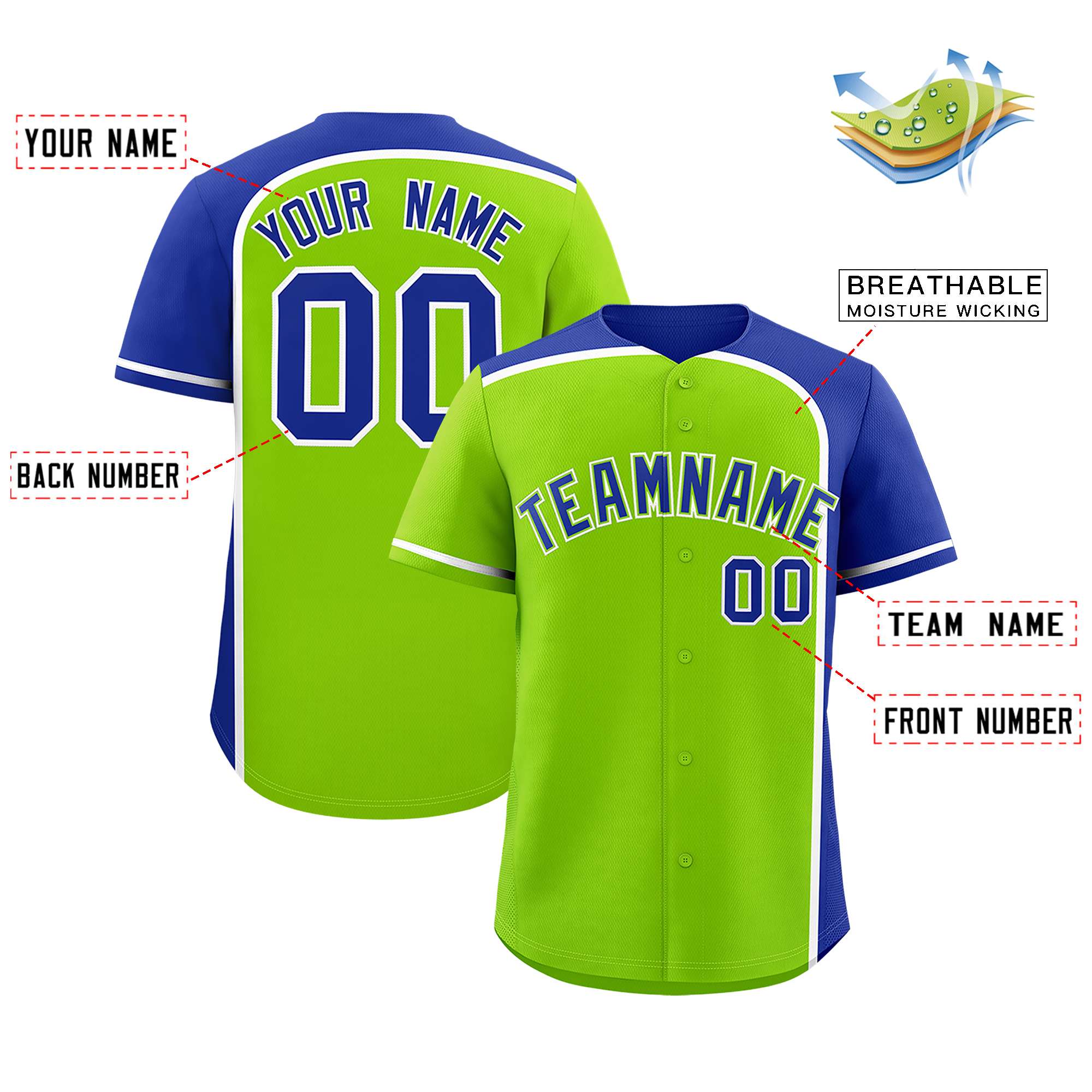 Custom Neon Green Royal Personalized Color Block Authentic Baseball jersey