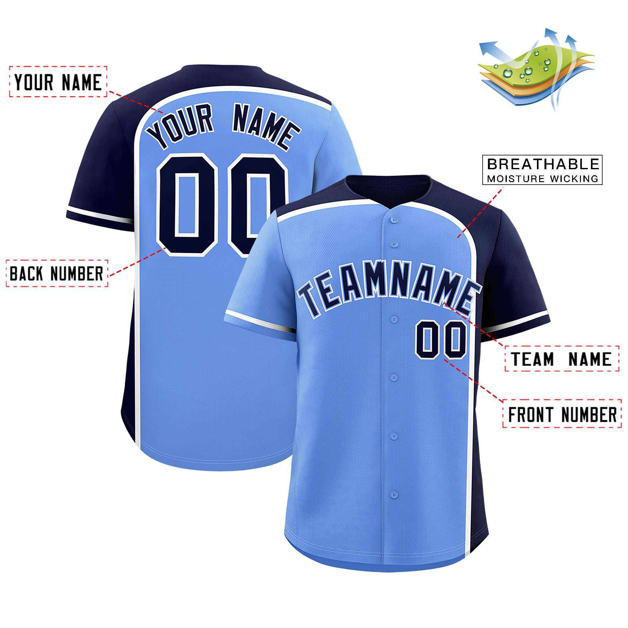 Custom Light Blue Navy Personalized Color Block Authentic Baseball jersey