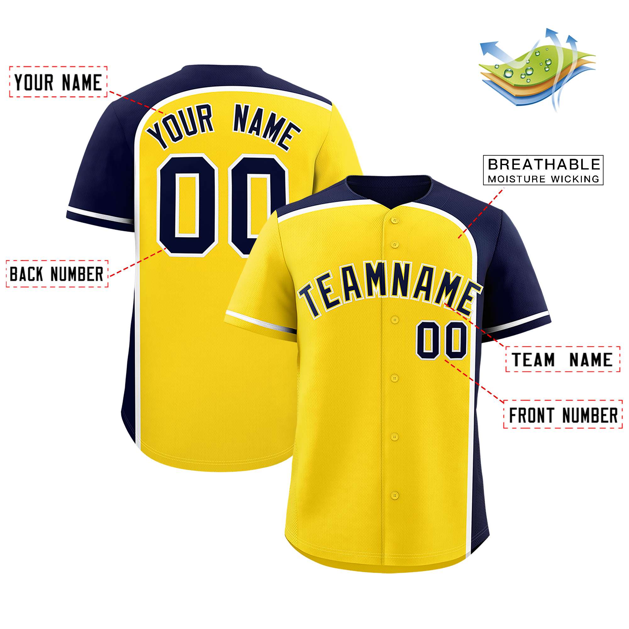 Custom Gold Navy Personalized Color Block Authentic Baseball jersey