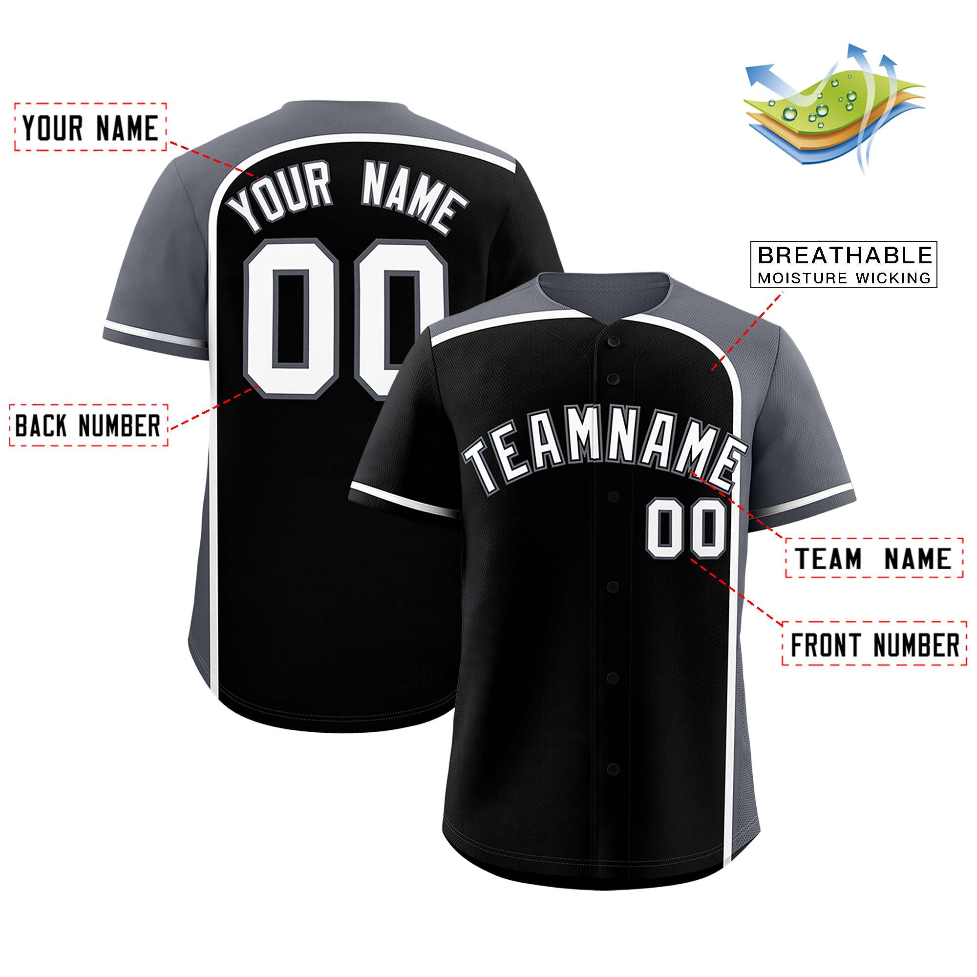 Custom Black Gray Personalized Color Block Authentic Baseball jersey