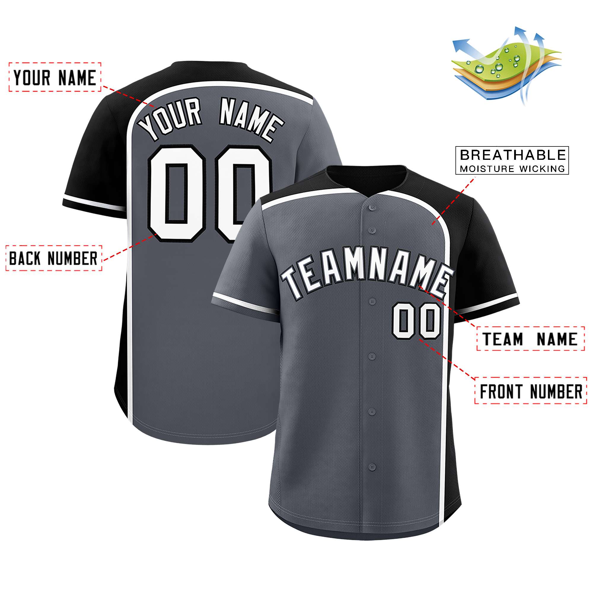 Custom Gray Black Personalized Color Block Authentic Baseball jersey