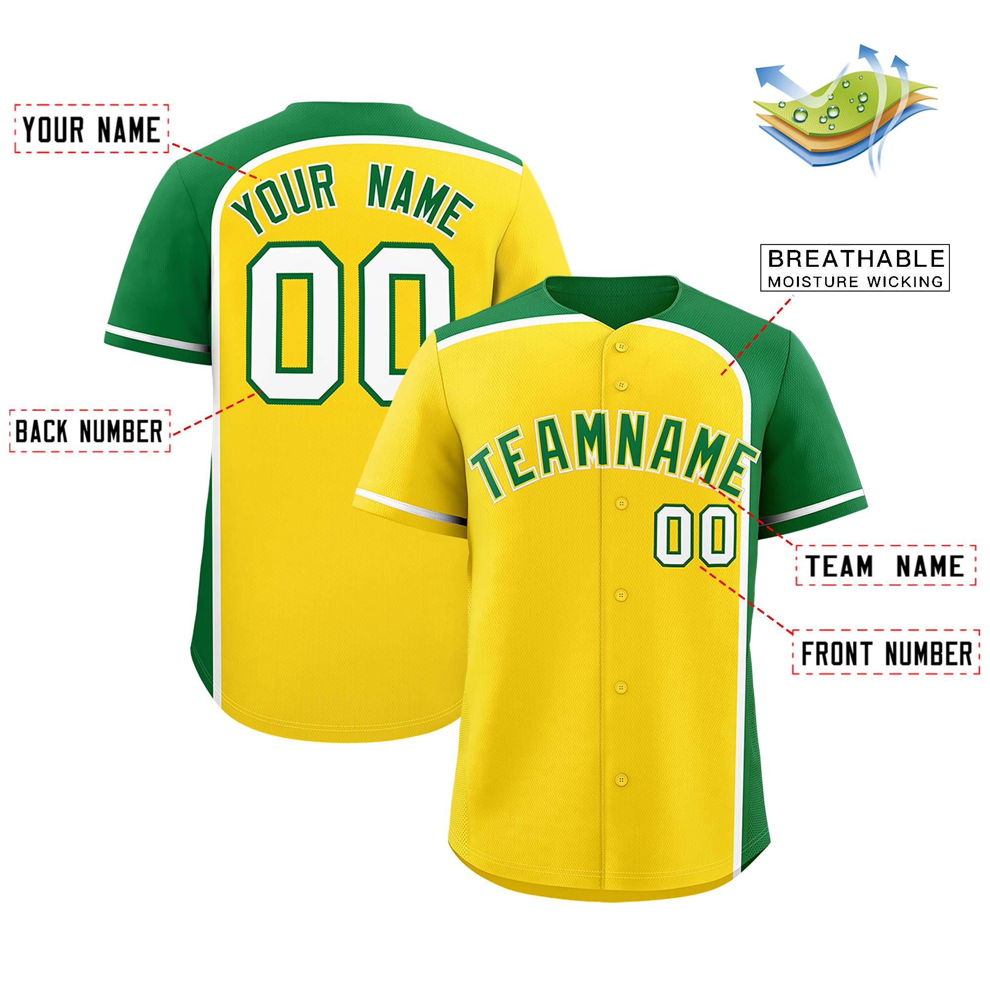 Custom Gold Kelly Green Personalized Color Block Authentic Baseball jersey