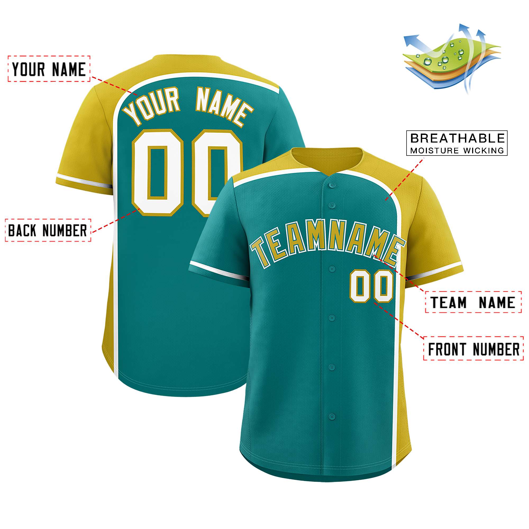 Custom Aqua Old Gold Personalized Color Block Authentic Baseball jersey