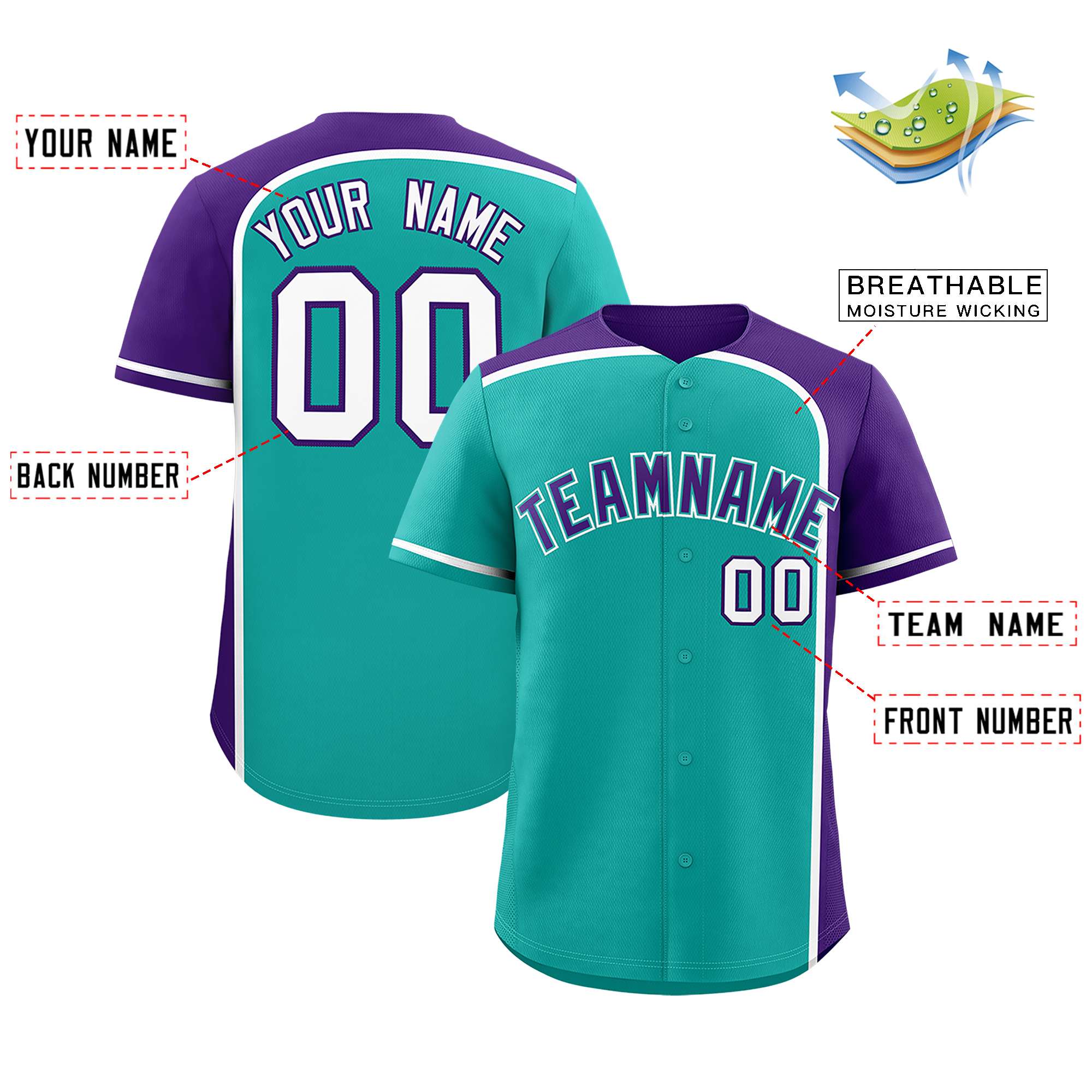 Custom Aqua Purple Personalized Color Block Authentic Baseball jersey