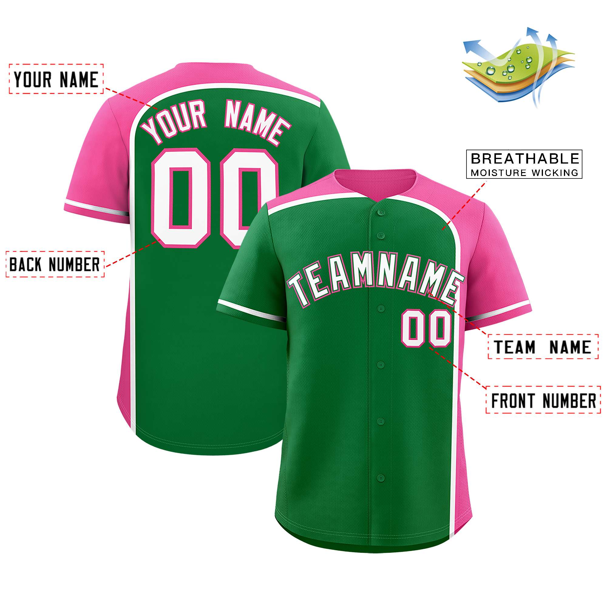 Custom Kelly Green Pink Personalized Color Block Authentic Baseball jersey