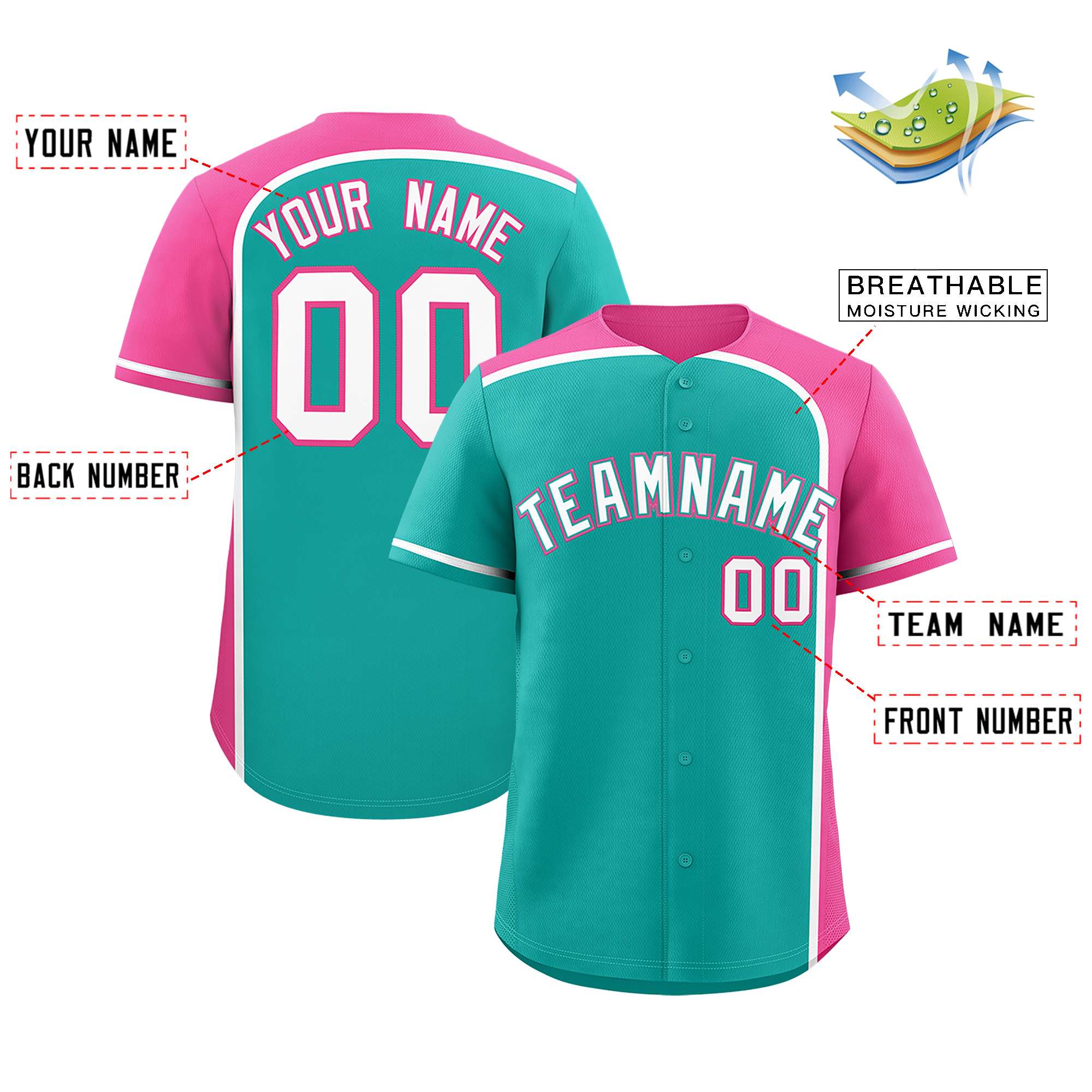 Custom Aqua Pink Personalized Color Block Authentic Baseball jersey