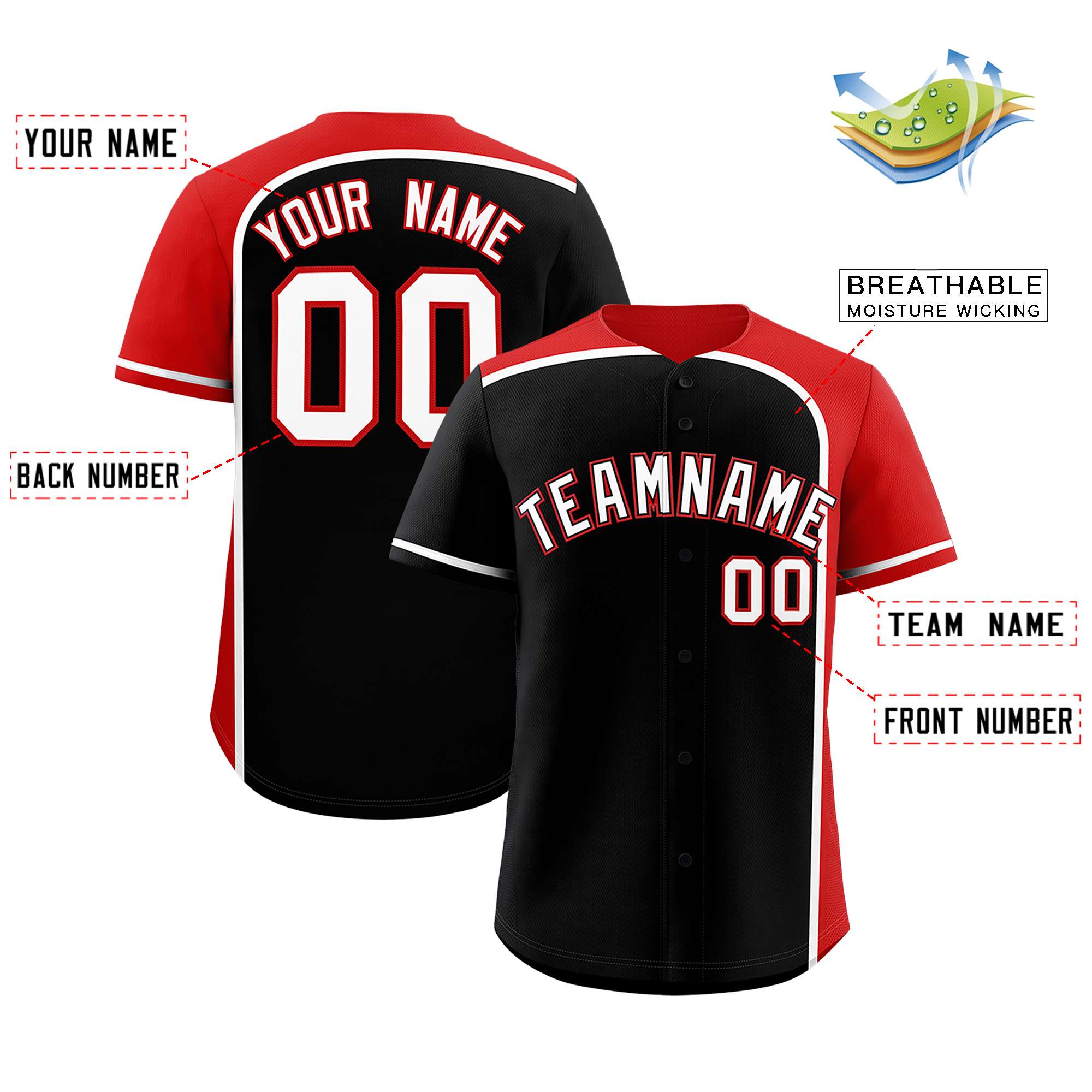 Custom Black Red Personalized Color Block Authentic Baseball jersey