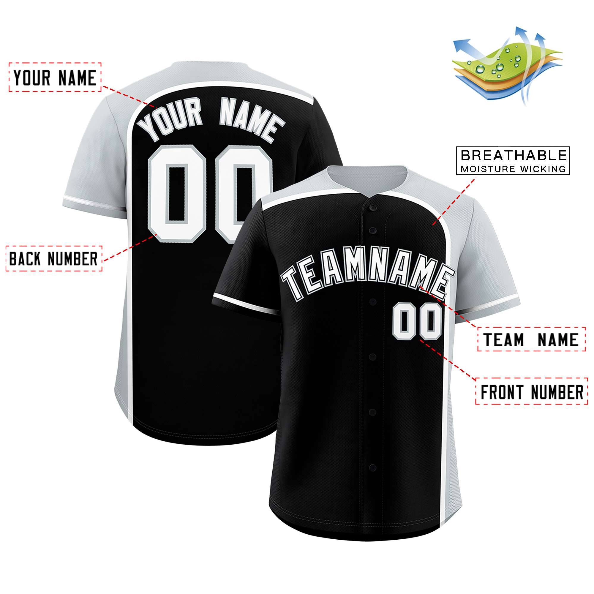 Custom Black Silver Personalized Color Block Authentic Baseball jersey