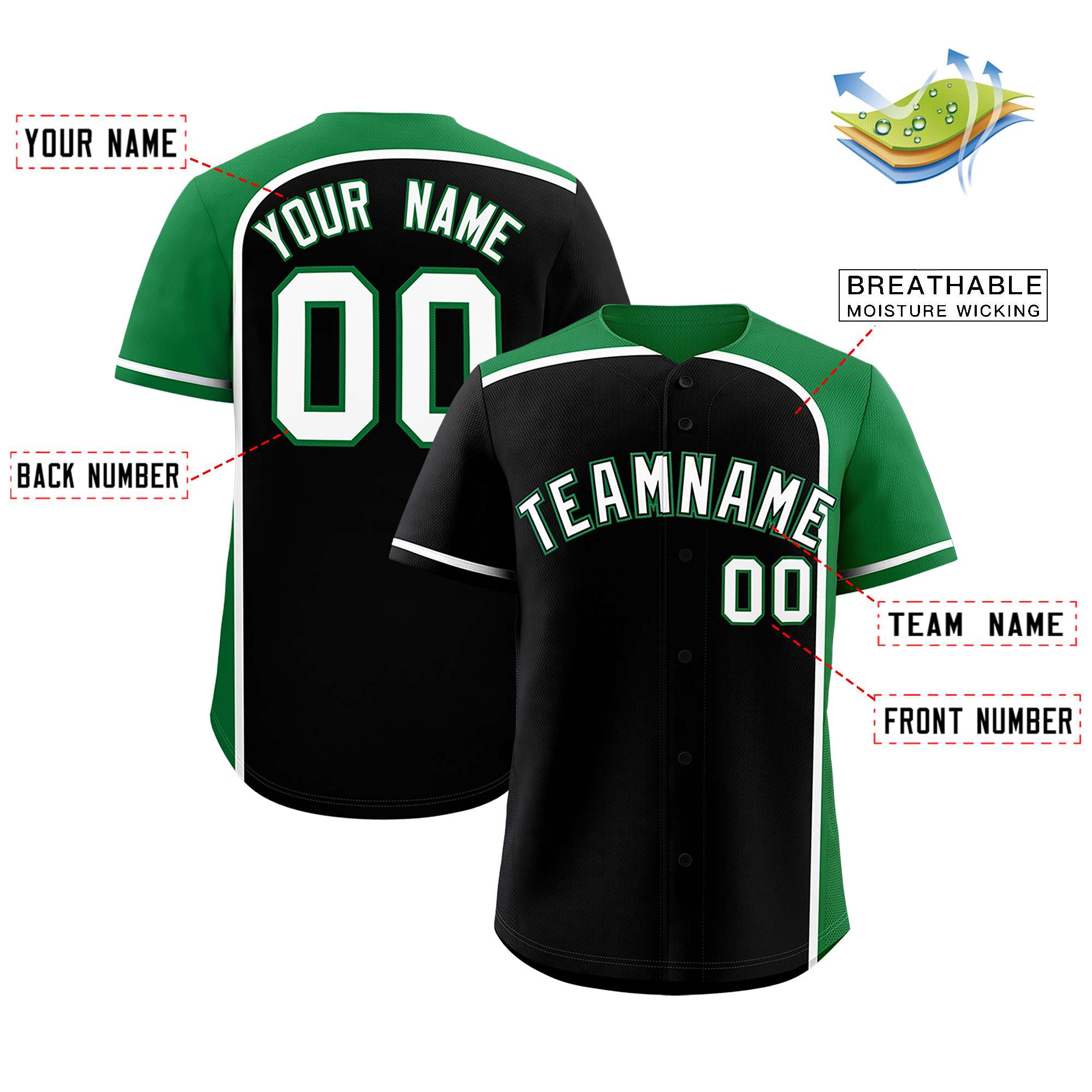 Custom Black Kelly Green Personalized Color Block Authentic Baseball jersey