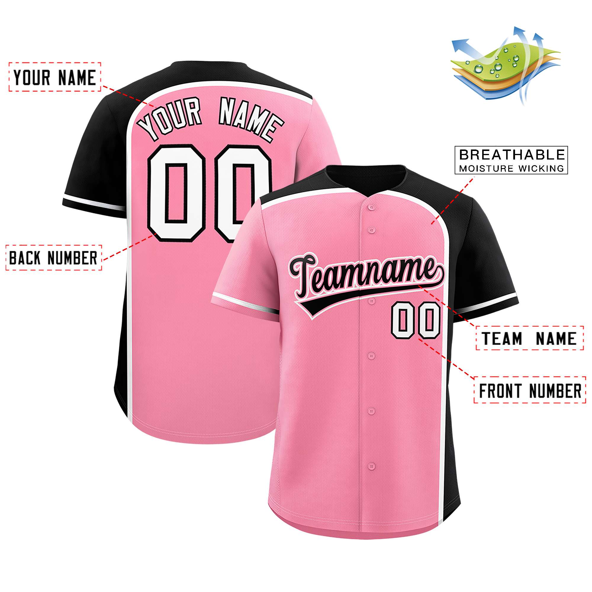 Custom Light Pink Black Personalized Color Block Authentic Baseball jersey