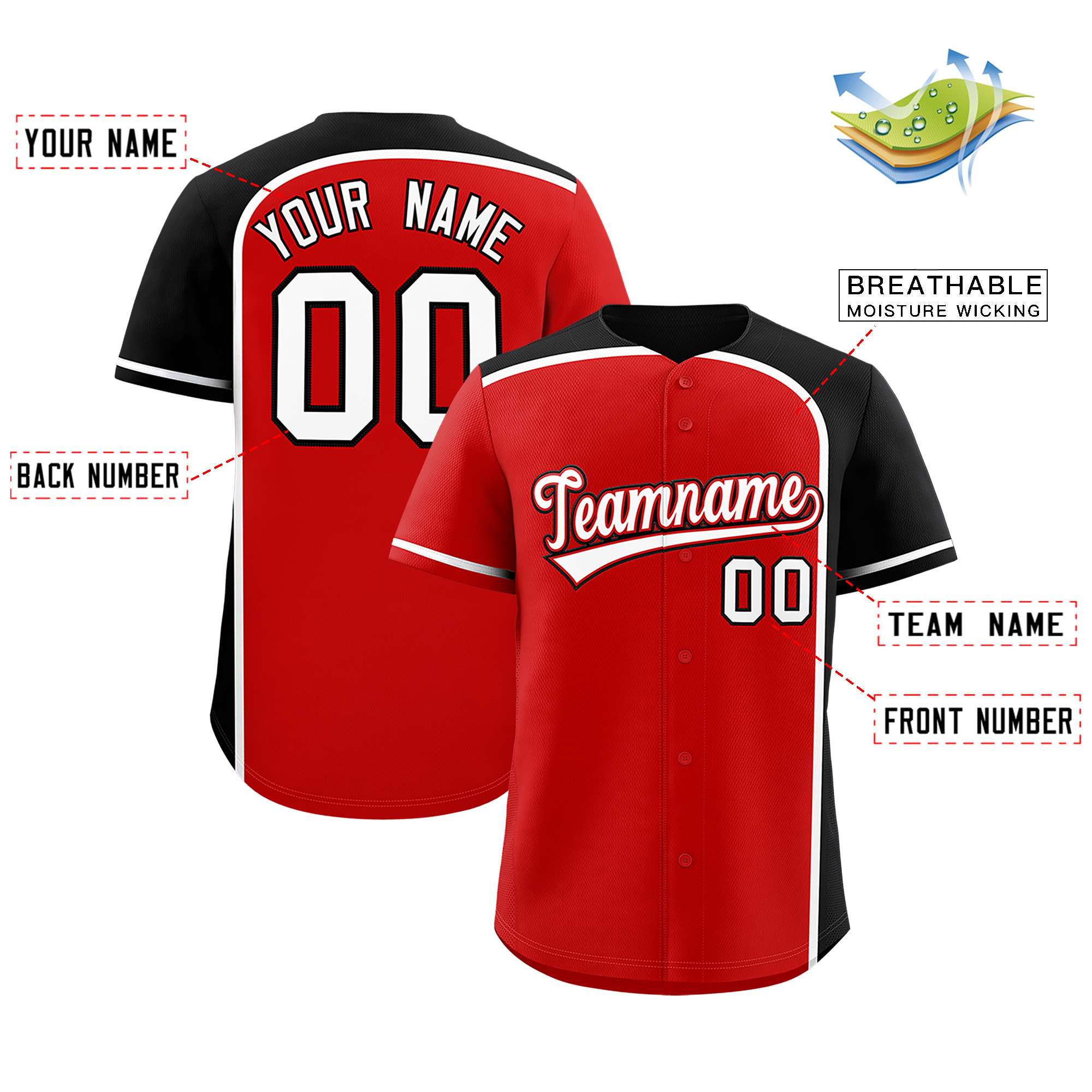 Custom Red Black Personalized Color Block Authentic Baseball jersey