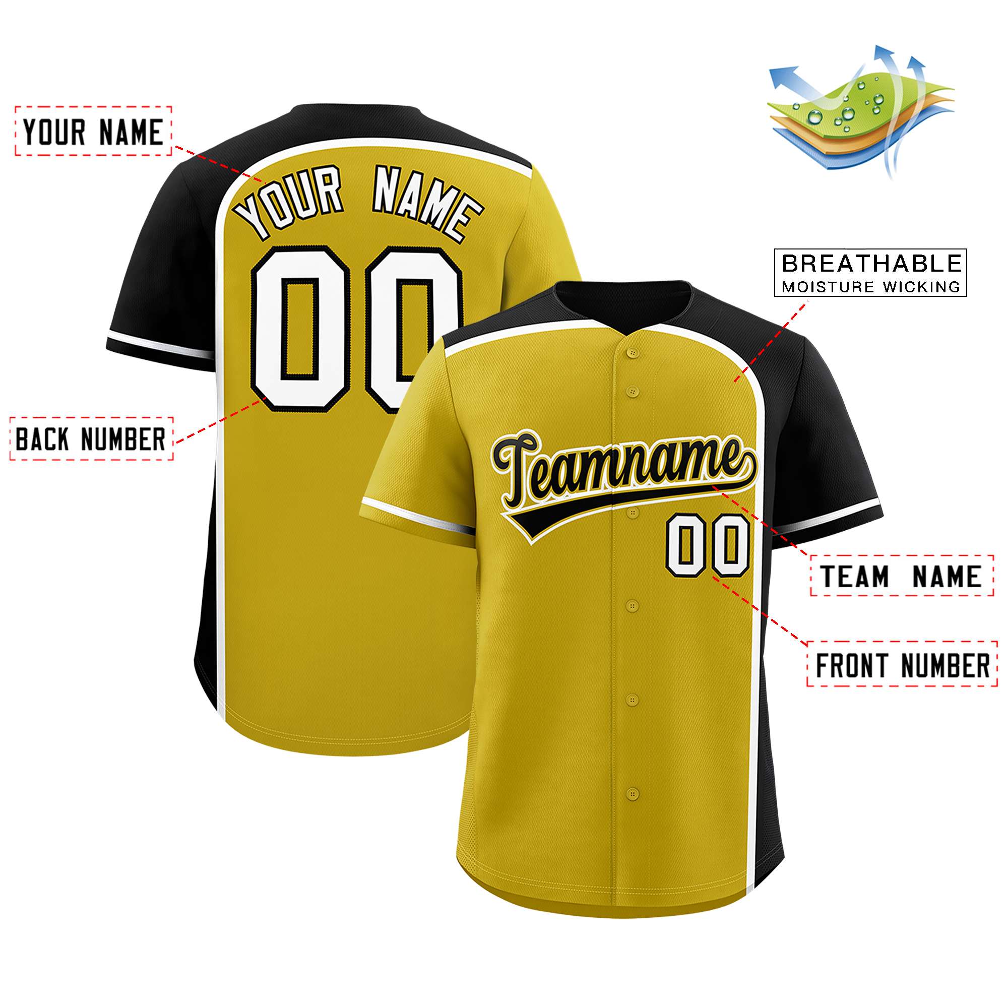 Custom Old Gold Black Personalized Color Block Authentic Baseball jersey