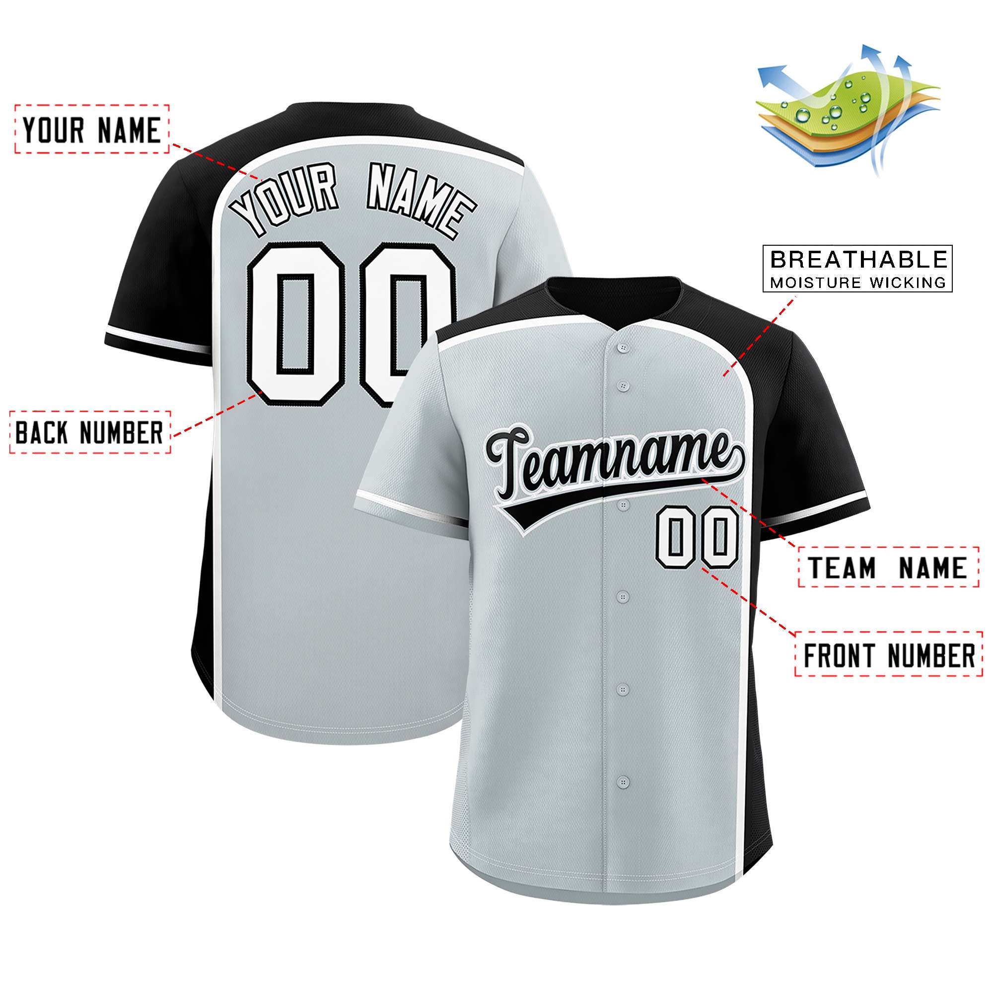 Custom Silver Black Personalized Color Block Authentic Baseball jersey