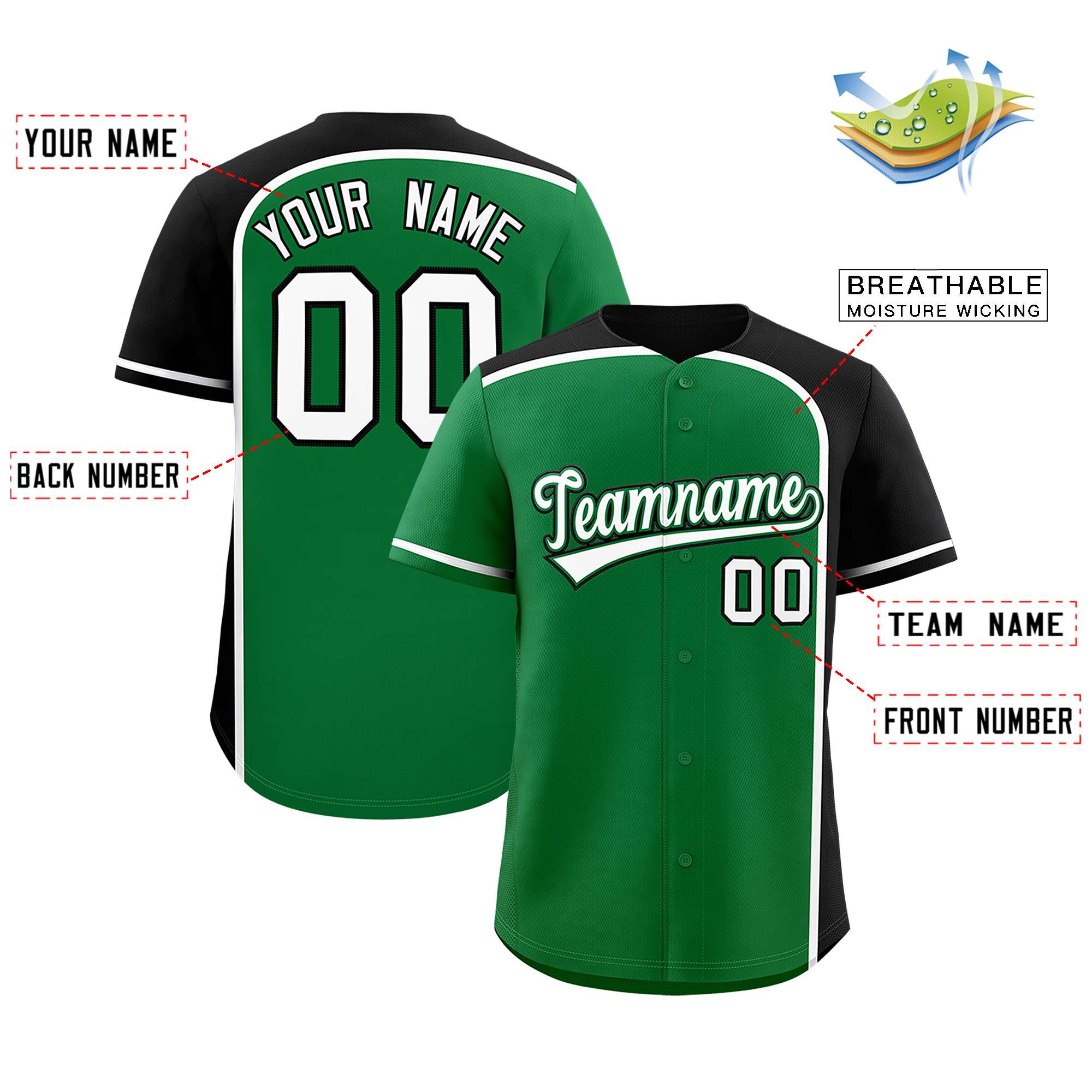 Custom Kelly Green Black Personalized Color Block Authentic Baseball jersey