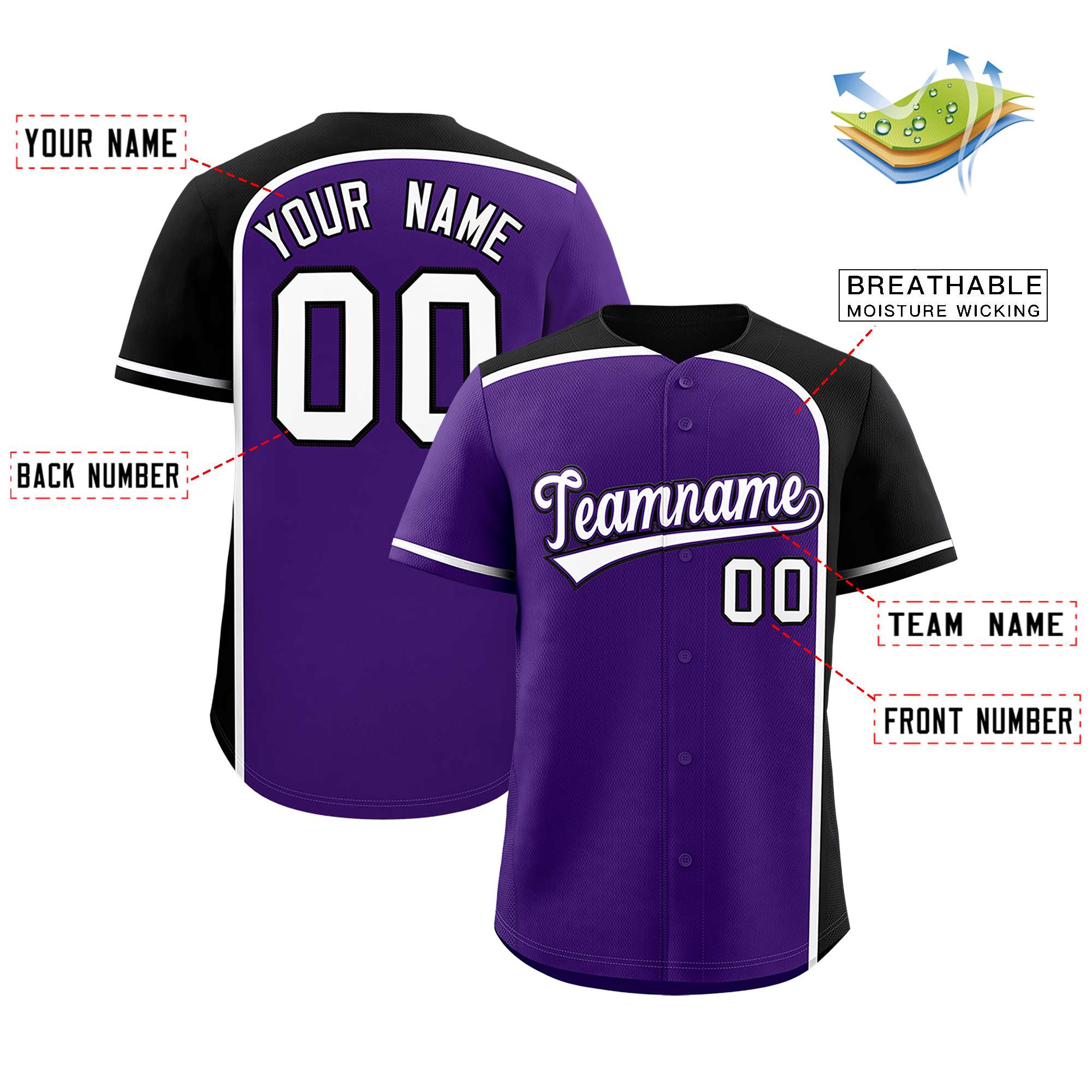 Custom Purple Black Personalized Color Block Authentic Baseball jersey