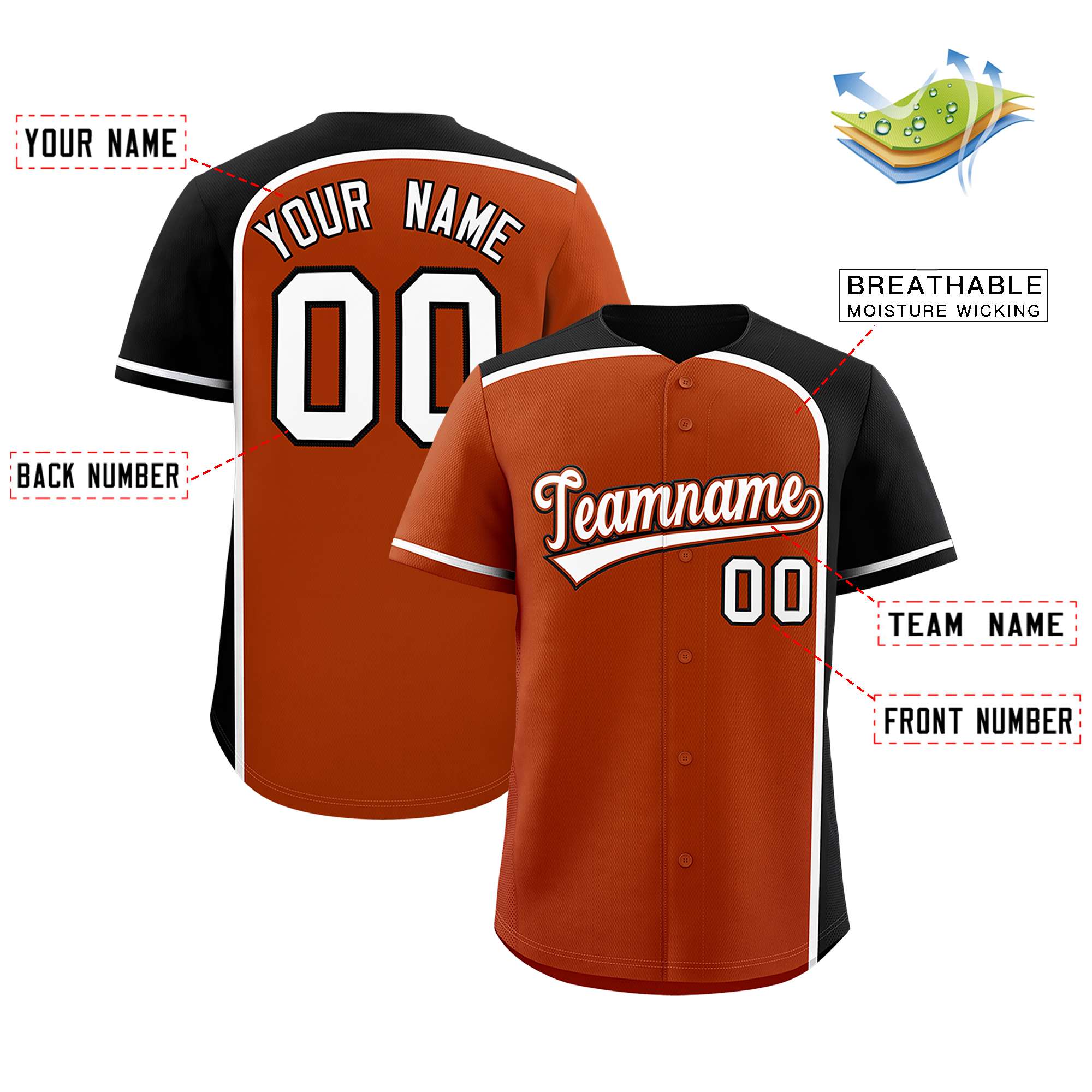 Custom Texas Orange Black Personalized Color Block Authentic Baseball jersey