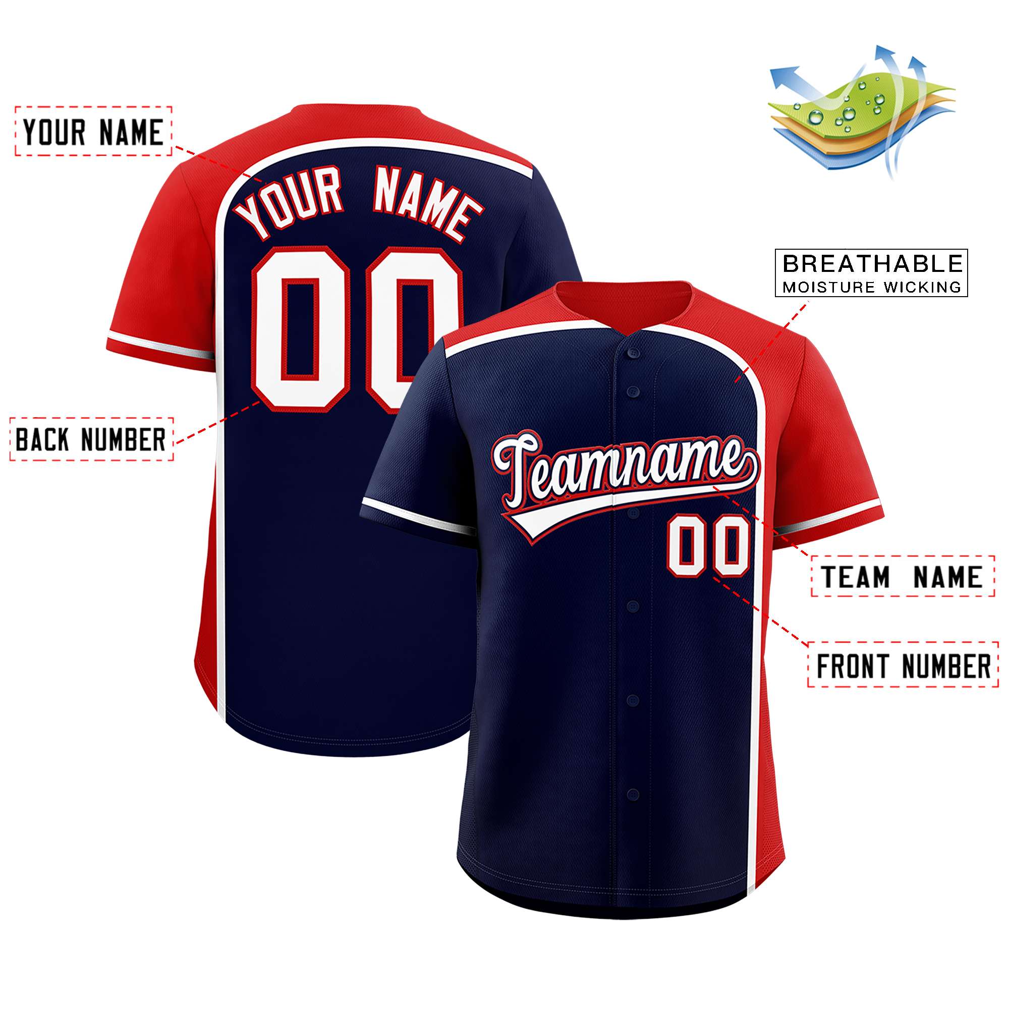 Custom Navy Red Personalized Color Block Authentic Baseball jersey