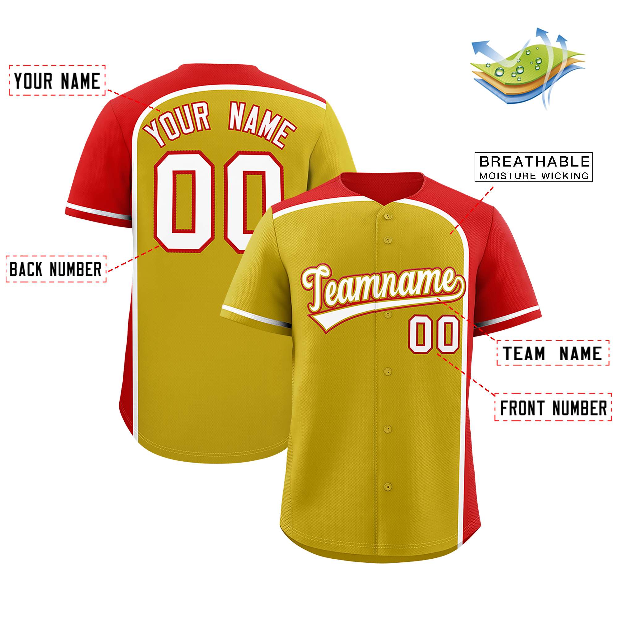 Custom Old Gold Red Personalized Color Block Authentic Baseball jersey