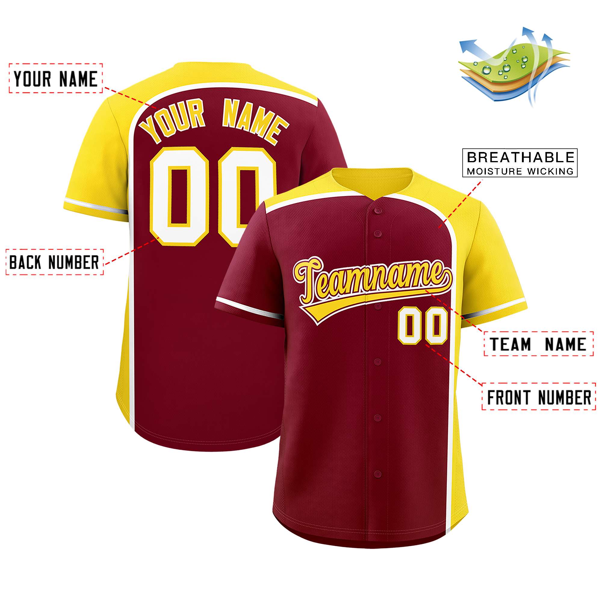 Custom Crimson Gold Personalized Color Block Authentic Baseball jersey