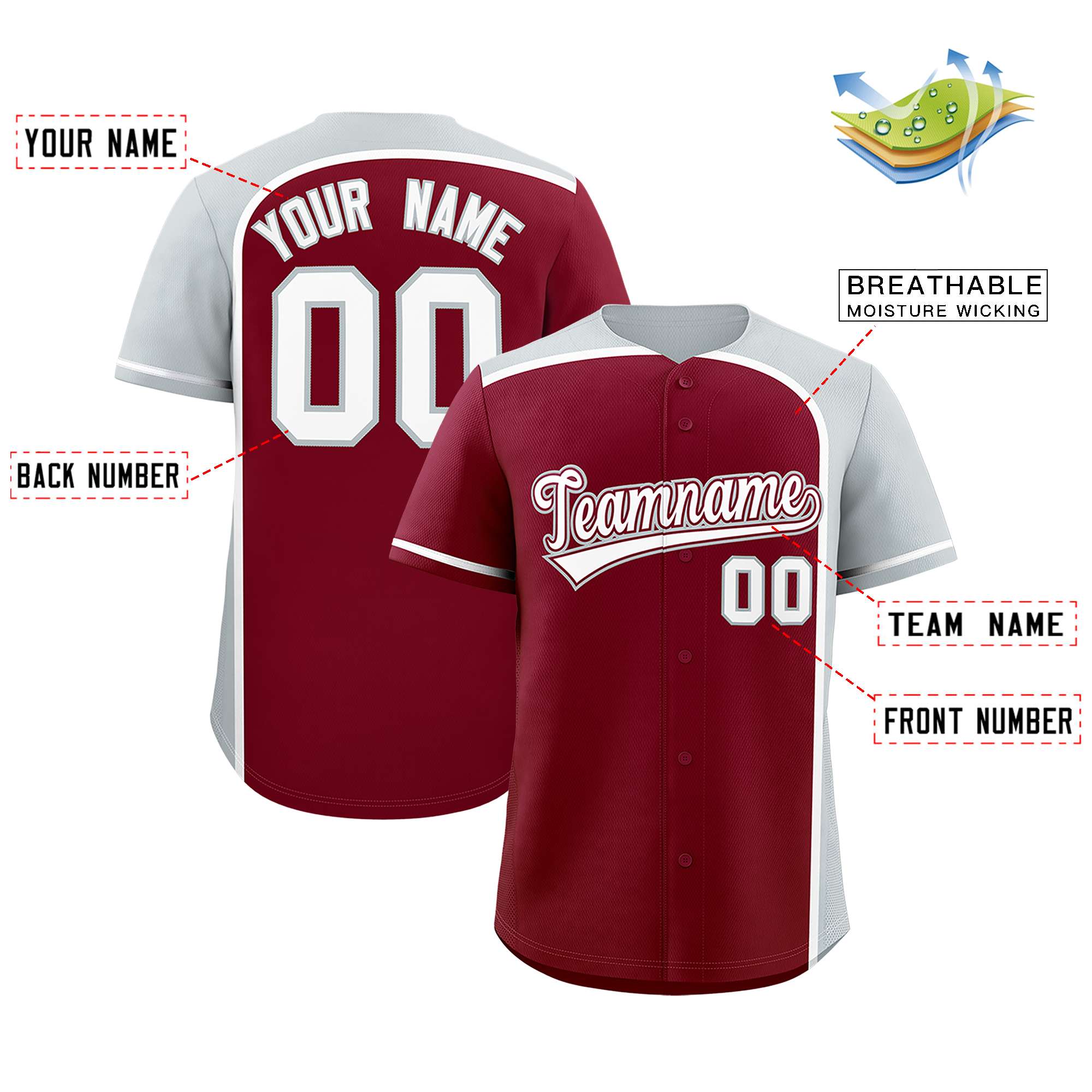 Custom Crimson Silver Personalized Color Block Authentic Baseball jersey