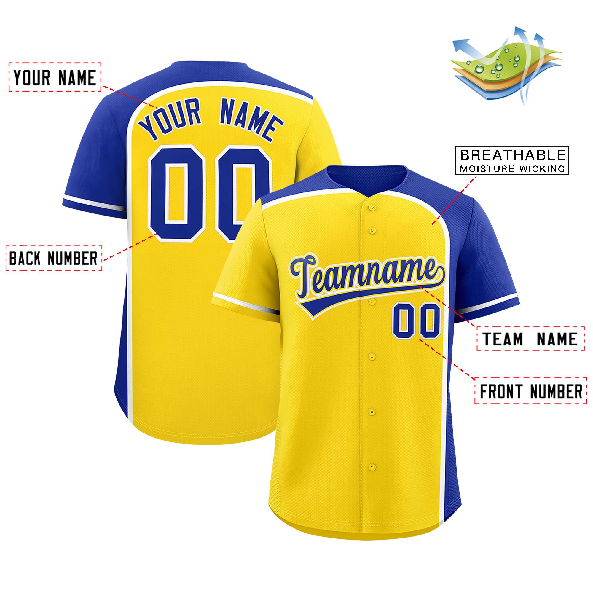 Custom Gold Royal Personalized Color Block Authentic Baseball jersey